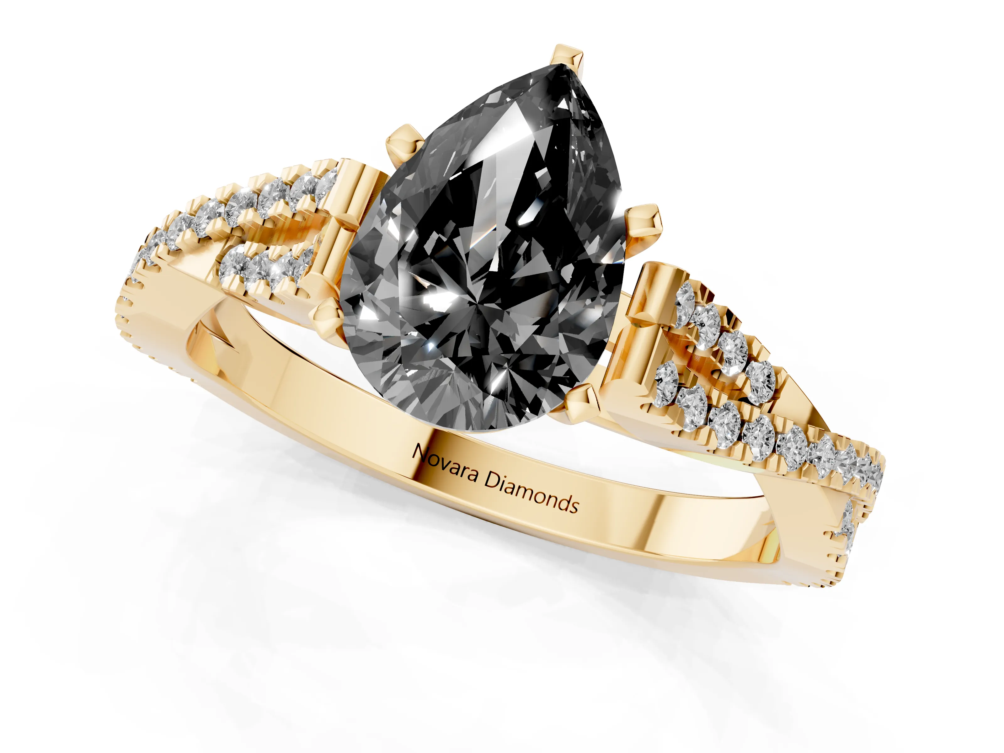 Fancy Black Pear Cut Diamond Solitaire Engagement Ring Set in Yellow gold with Twisted Pavé Band and Prong Setting