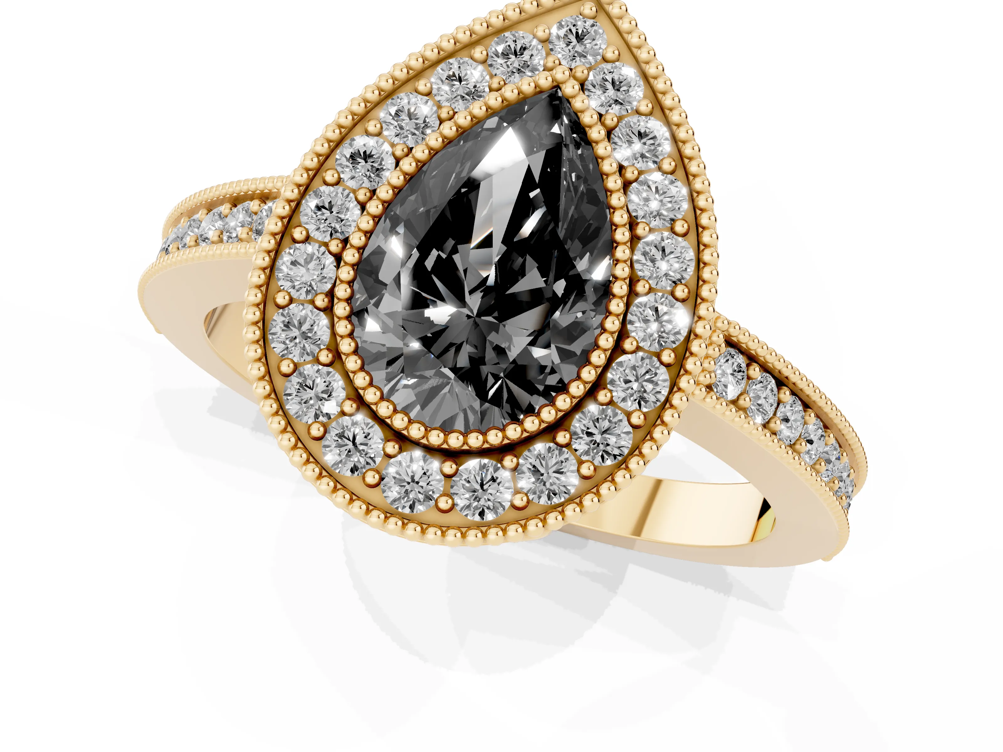 Fancy Black Pear Cut Diamond Round Halo Ring Set in Yellow gold with Pavé Band