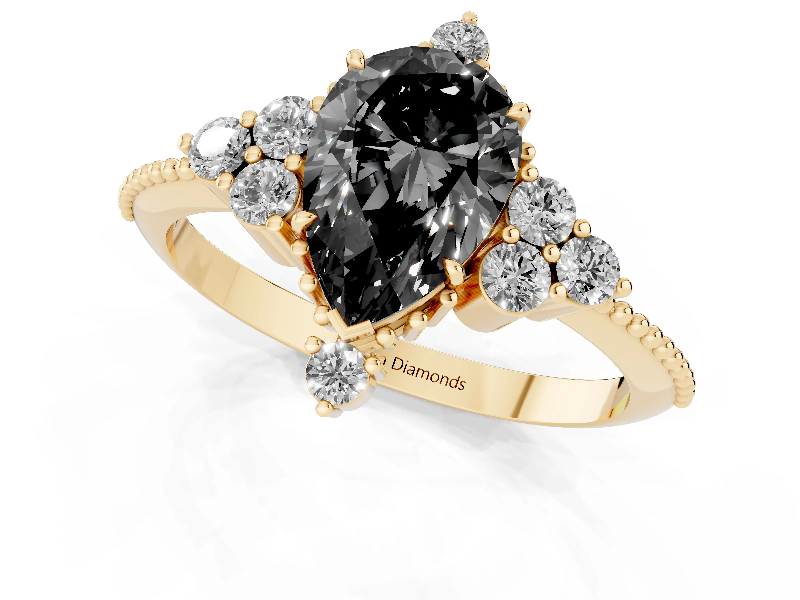 Fancy Black Pear Cut Diamond Cluster Ring Set in Yellow gold with Beaded Band