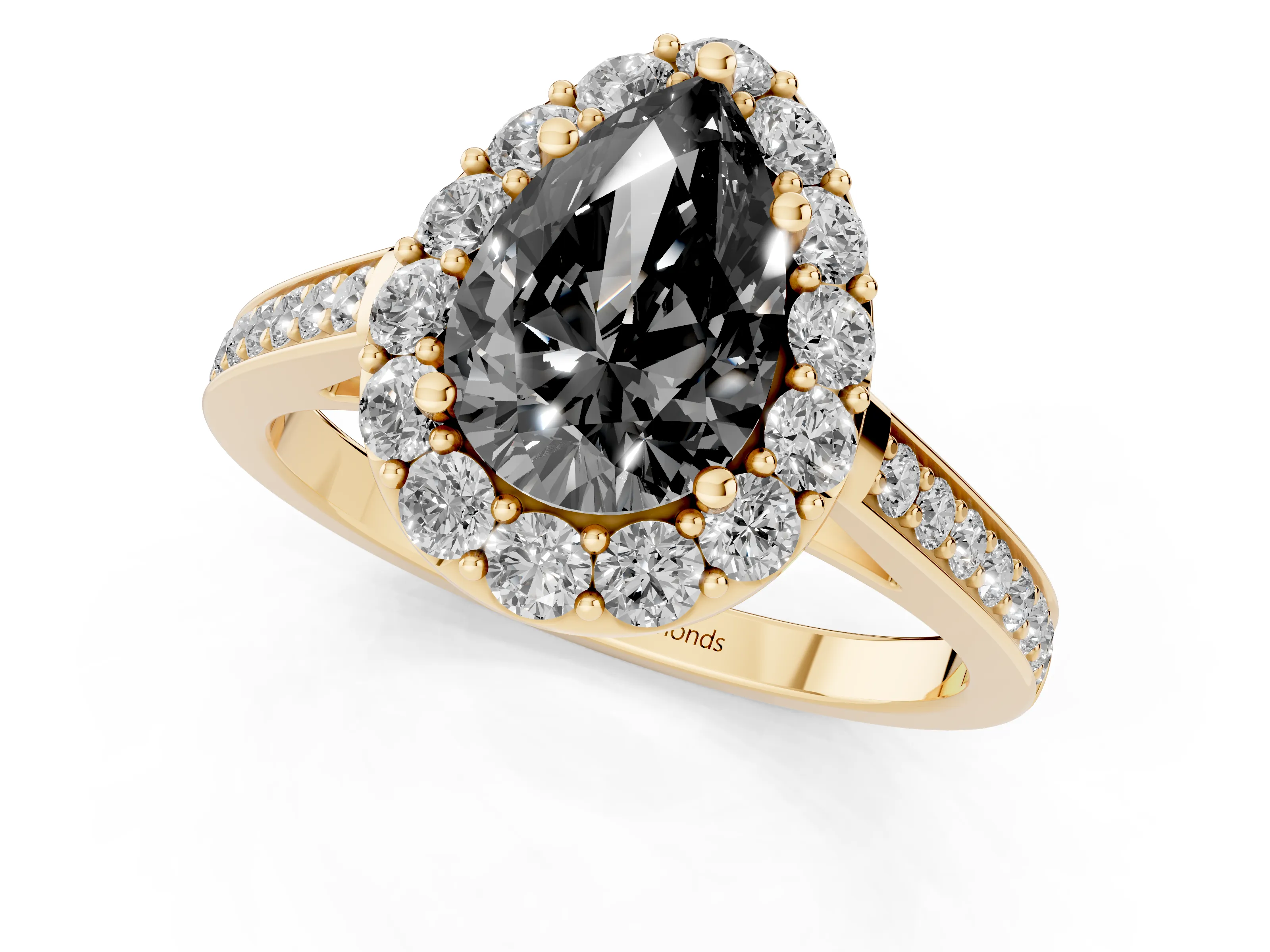 Fancy Black Pear Cut Diamond Floral Halo Ring Set in Yellow gold with Pavé Band and Prong Setting