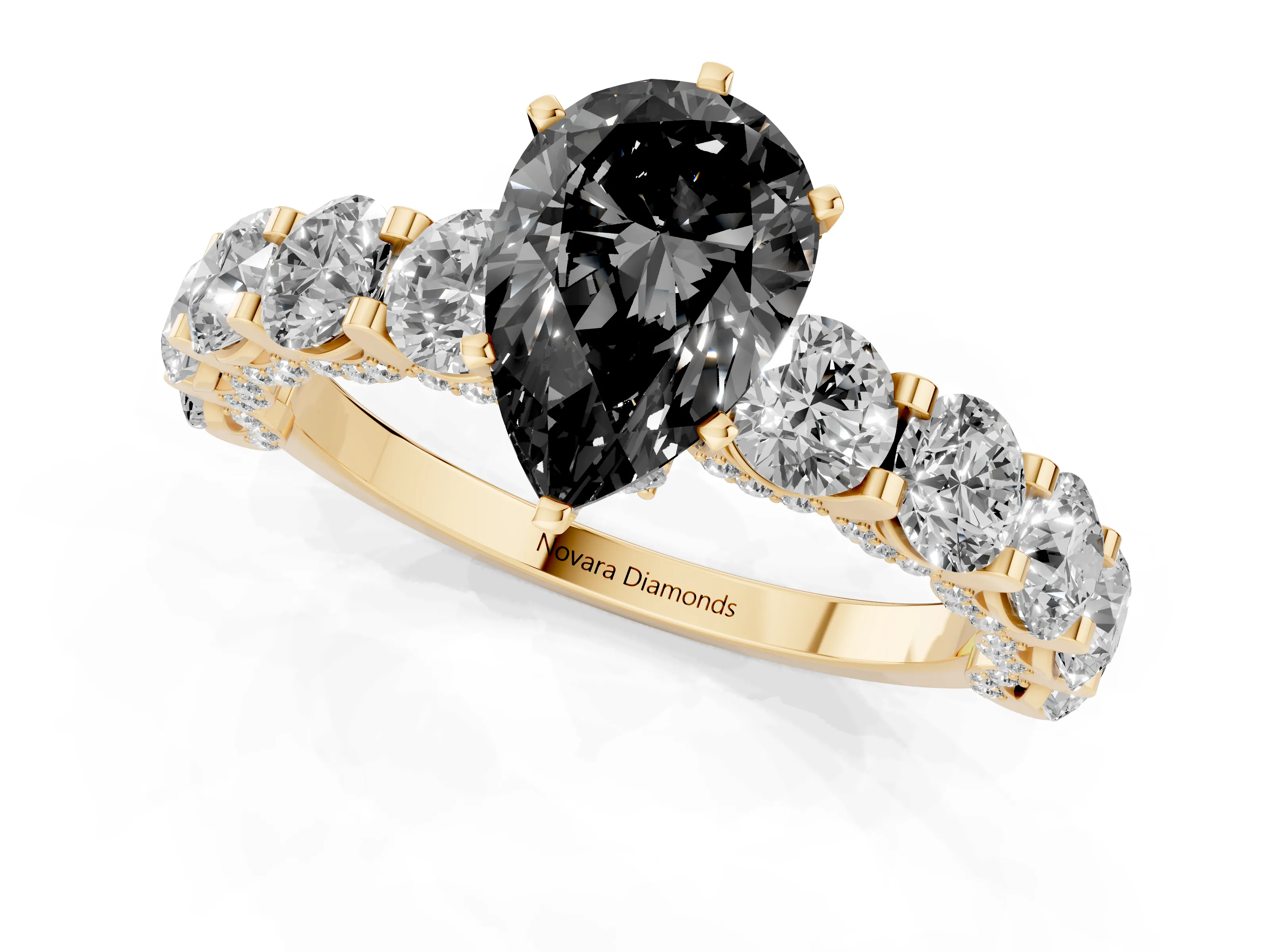 Fancy Black Pear Cut Diamond Side Stone Ring Set in Yellow gold with Alternating Round and Oval Side Stones