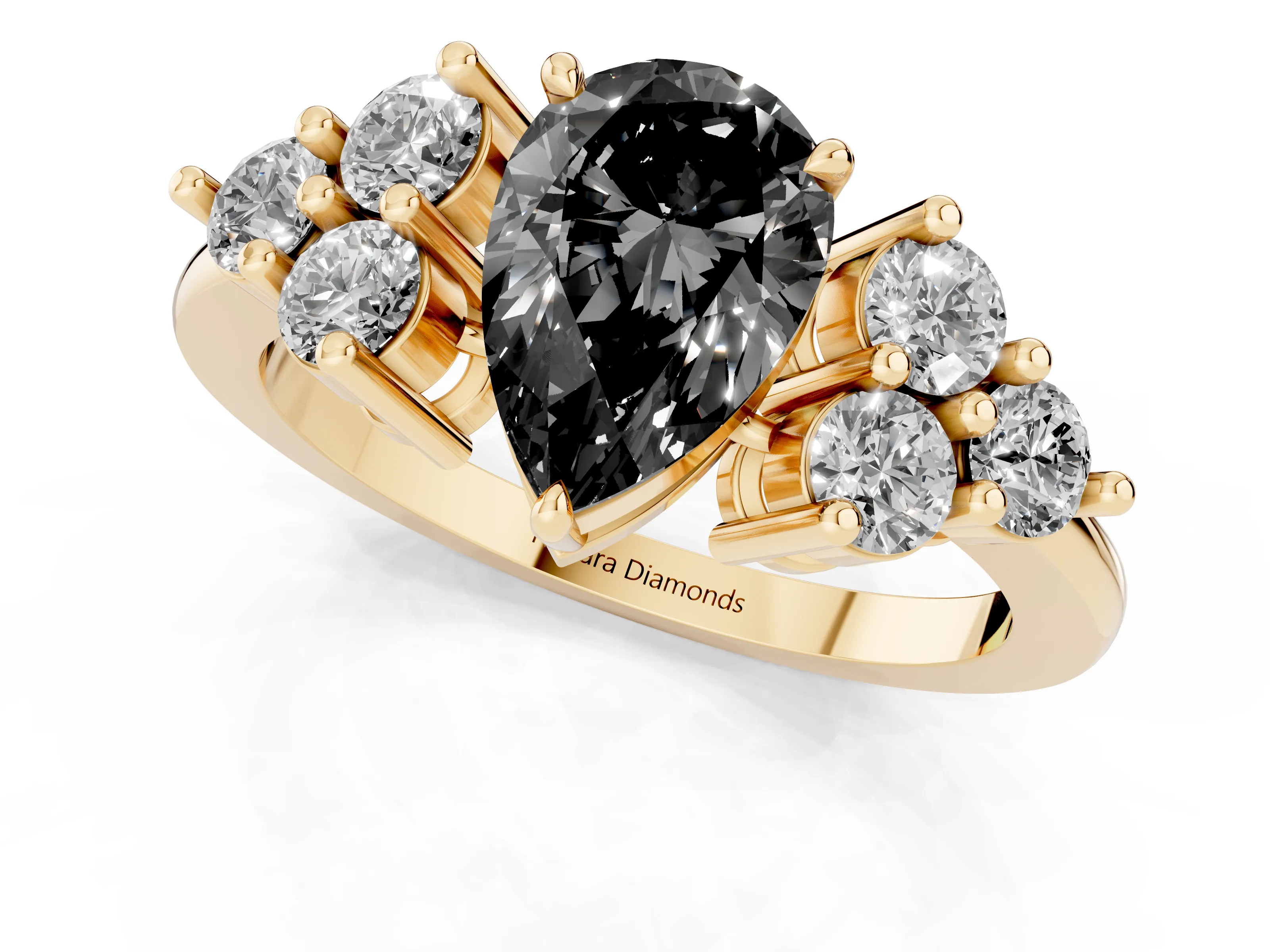 Fancy Black Pear Cut Diamond Solitaire Ring Set in Yellow gold with Cluster Accents on Each Side