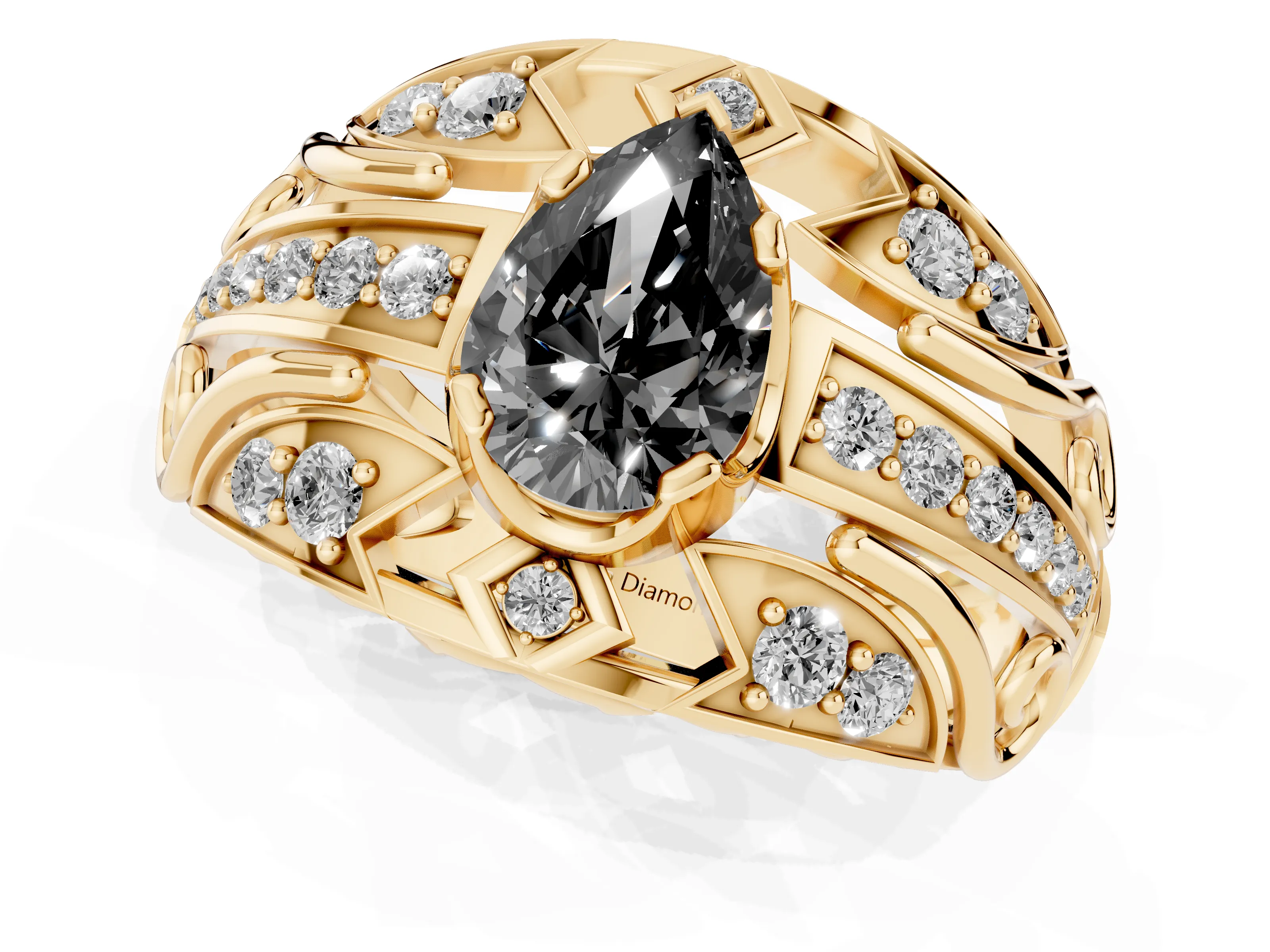 Fancy Black Pear Cut Diamond Art Deco Ring Set in Yellow gold with Pavé Split Shank
