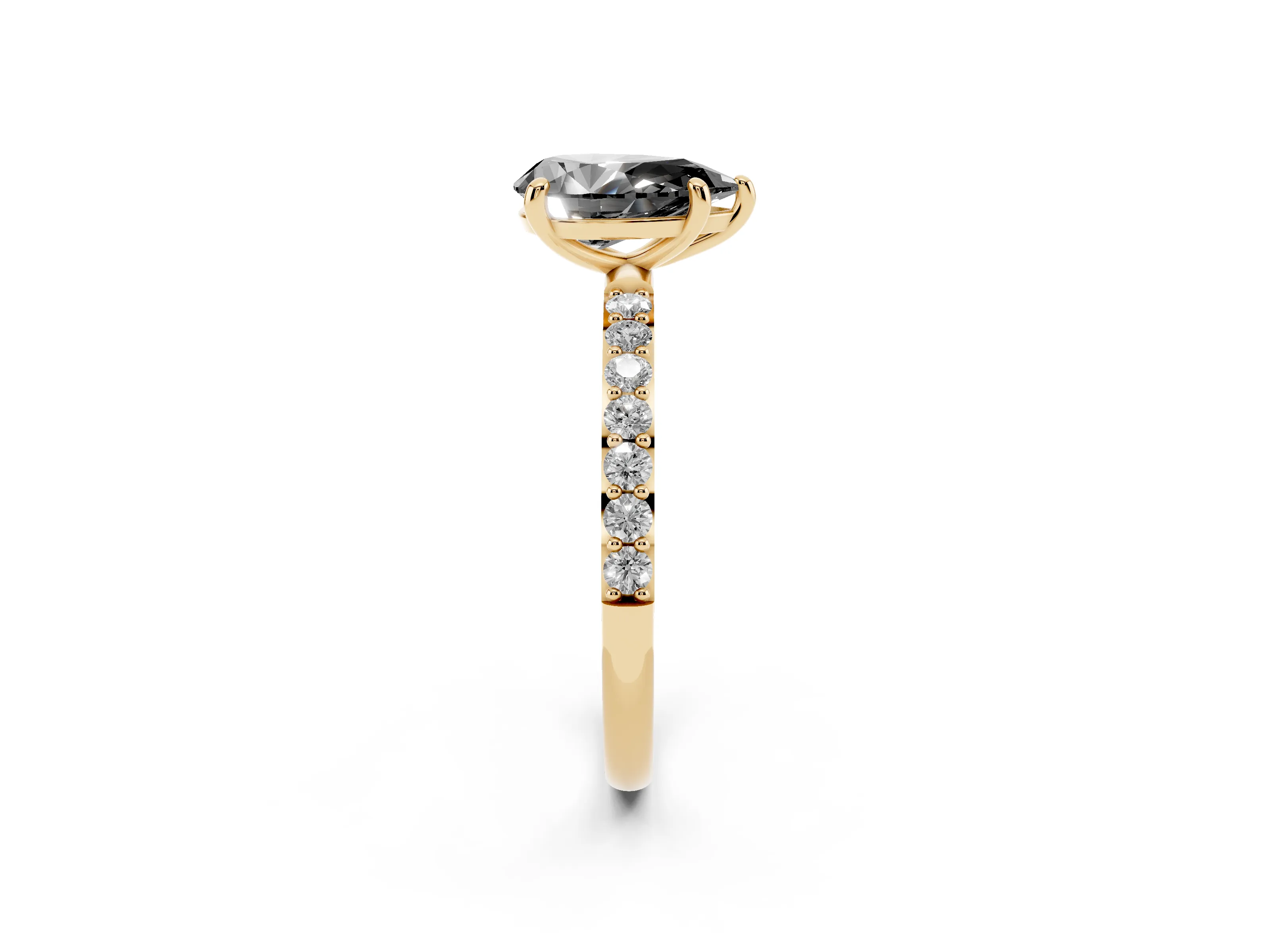 Fancy Black Pear Cut Diamond Solitaire Ring Set in Yellow gold with Round Pavé Band and Prong Setting