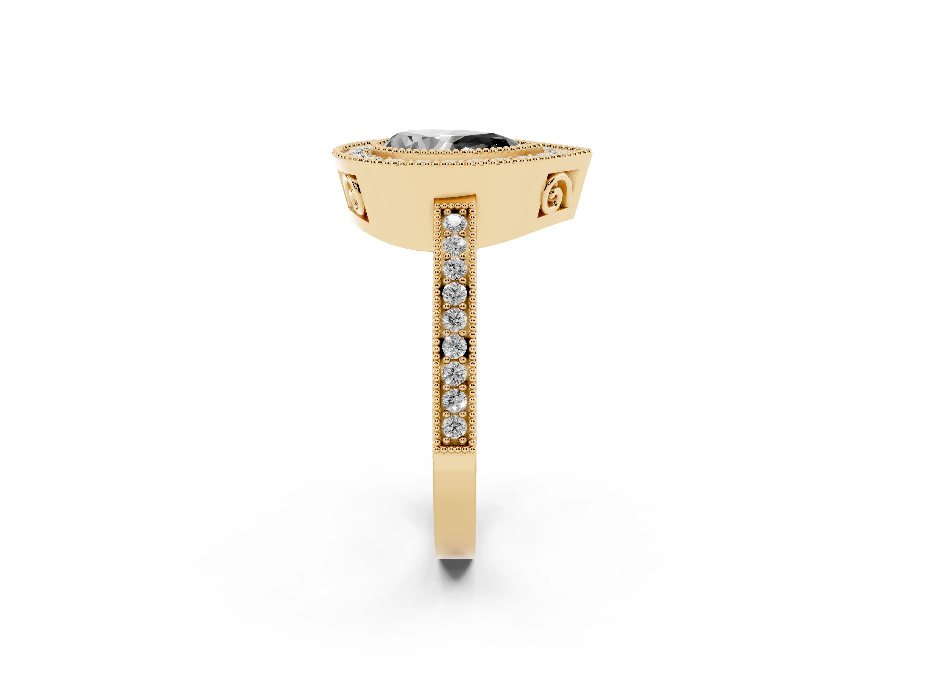 Fancy Black Pear Cut Diamond Round Halo Ring Set in Yellow gold with Pavé Band