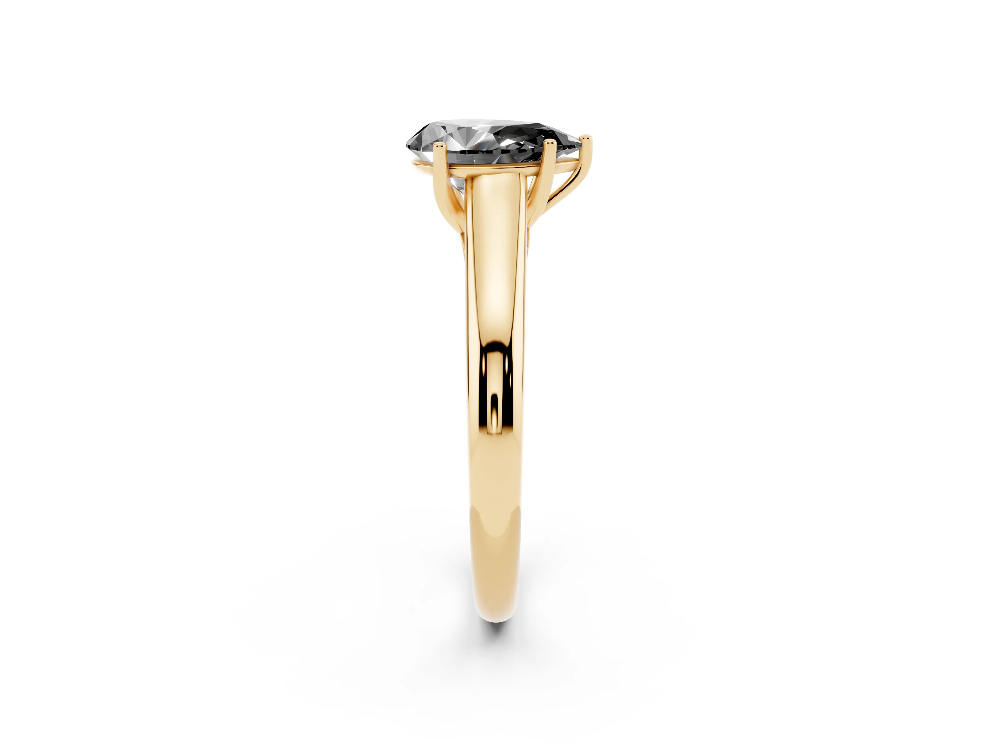 Fancy Black Pear Cut Diamond Solitaire Engagement Ring Set in Yellow gold with Subtly Tapered Band and Prong Setting