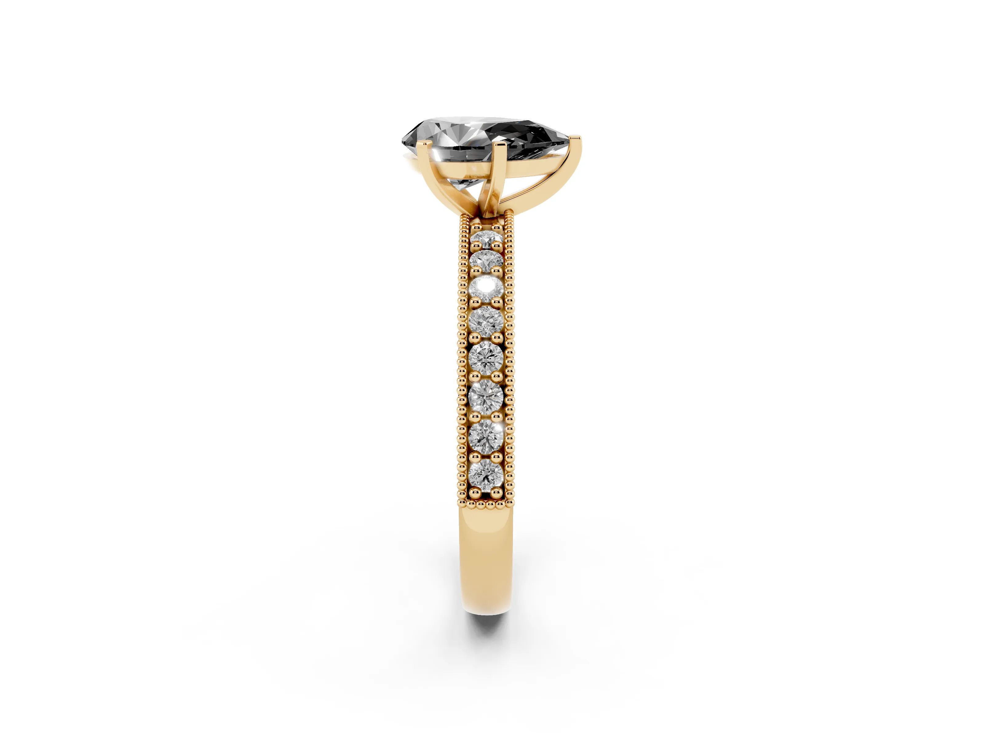 Fancy Black Pear Cut Diamond Milgrain Pavé Engagement Ring Set in Yellow gold with Prong Setting