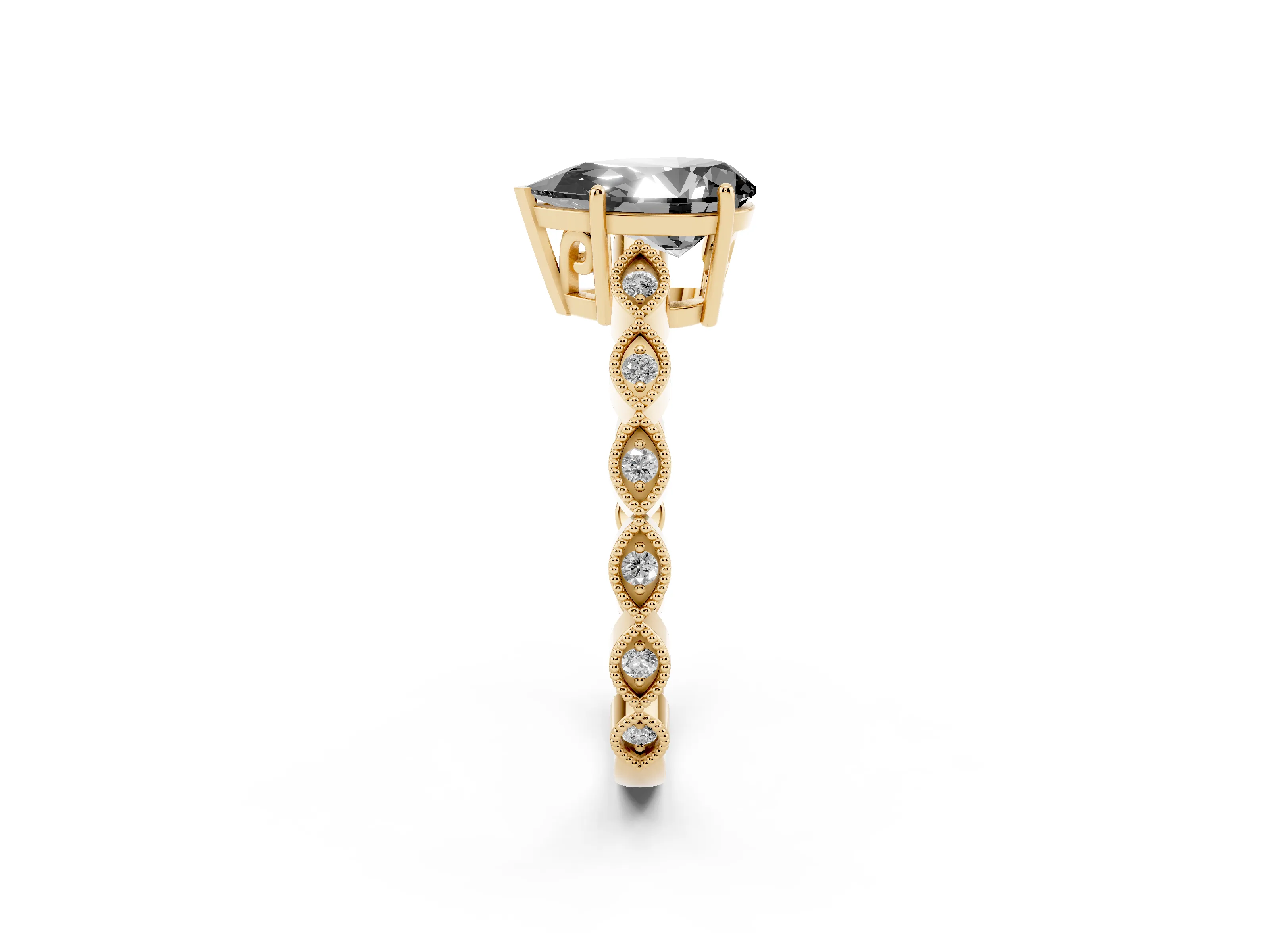 Fancy Black Pear Cut Diamond Solitaire Ring Set in Yellow gold with Infinity Twist Pavé Band