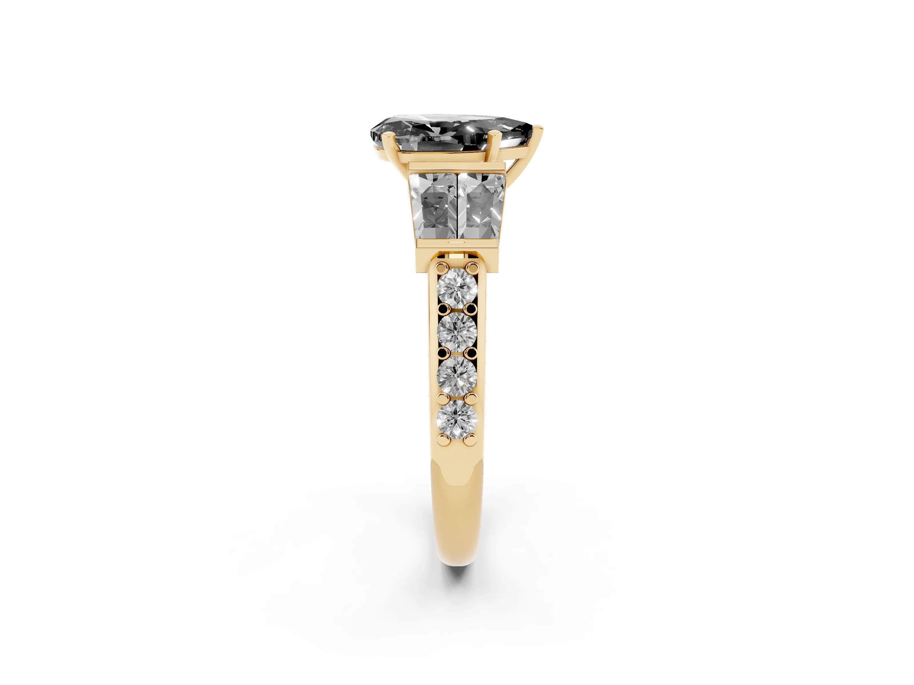 Fancy Black Pear Cut Diamond Engagement Ring Set in Yellow gold with Baguette Side Stones and Channel Set Band