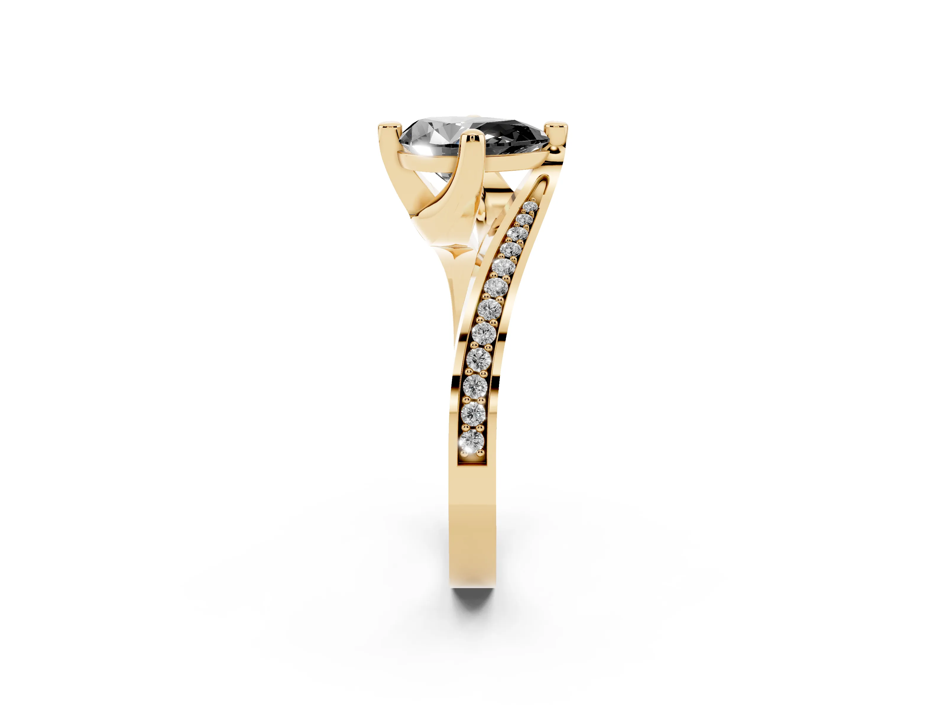 Fancy Black Pear Cut Diamond Solitaire Ring Set in Yellow gold with Intertwined Pavé Twist Band