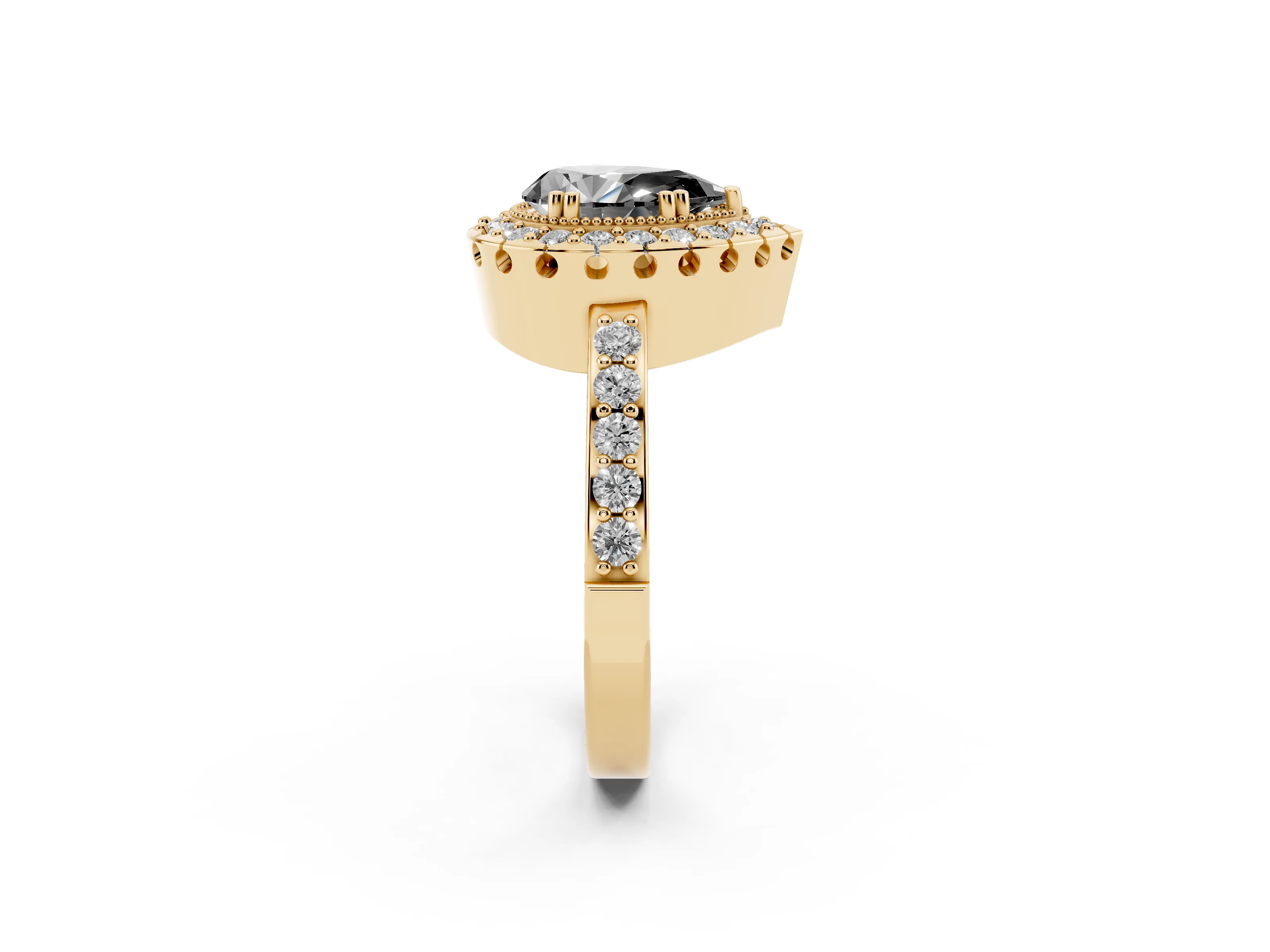 Fancy Black Pear Cut Diamond Halo Ring Set in Yellow gold with Pavé Shank and Prong Setting