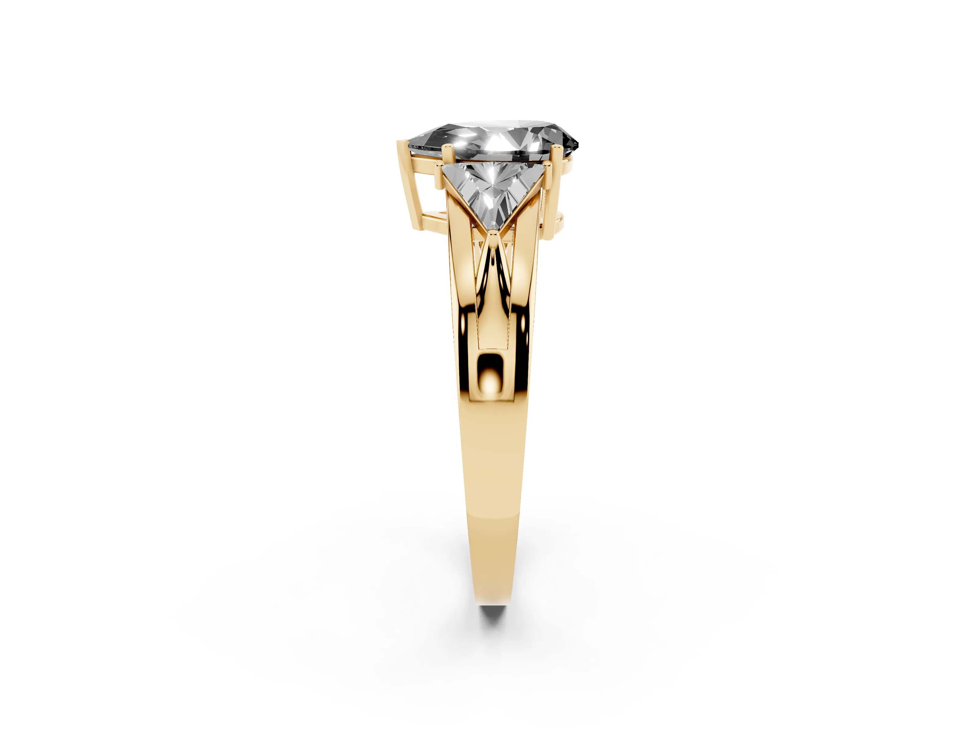 Fancy Black Pear Cut Diamond Three-Stone Ring Set in Yellow gold with Trillion Side Stones and Split Shank