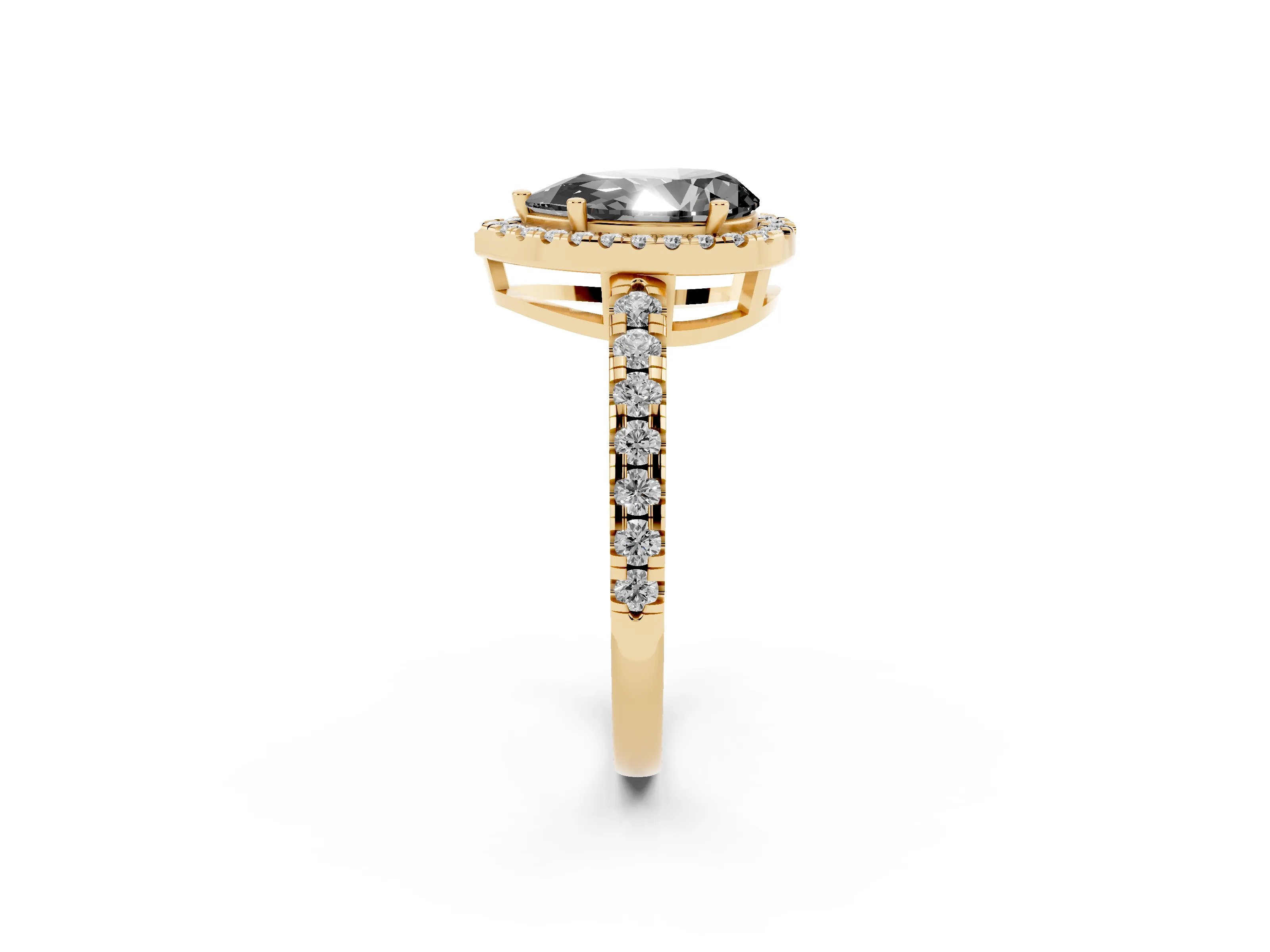 Fancy Black Pear Cut Diamond Halo Ring Set in Yellow gold with Delicate Pavé Band and Prong Setting