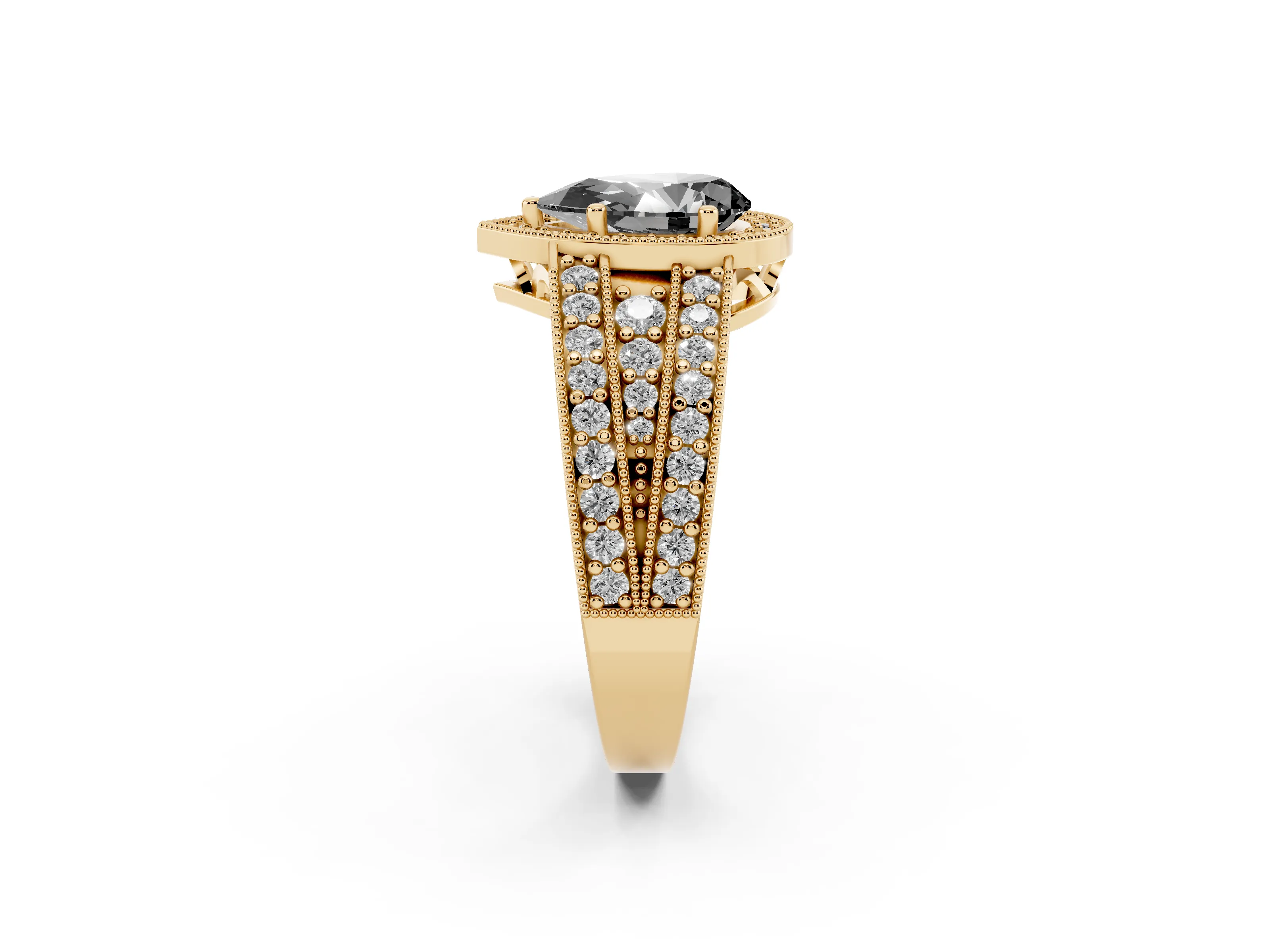 Fancy Black Pear Cut Diamond Halo Ring Set in Yellow gold with Accent Split Shank and Prong Setting