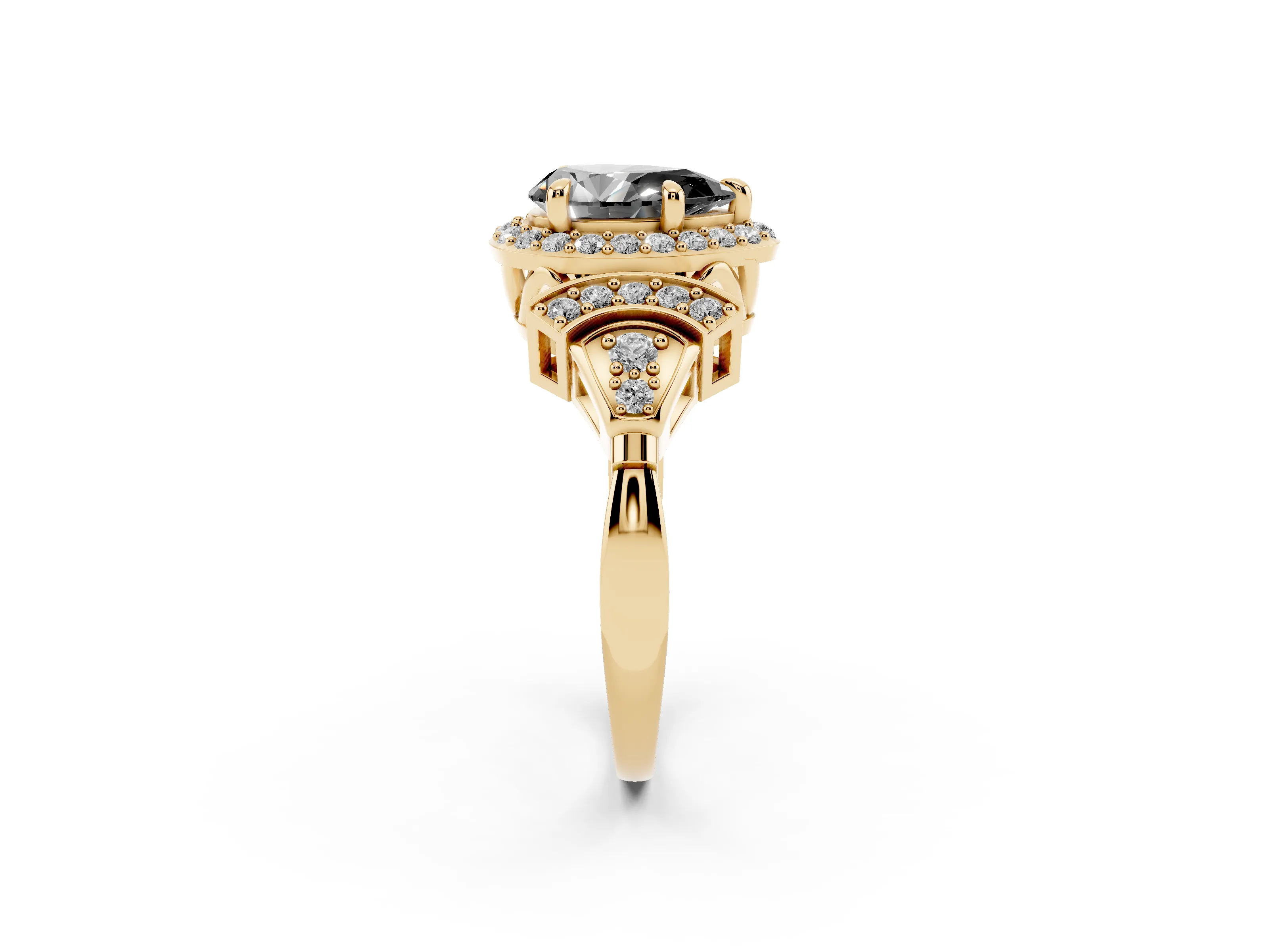 Fancy Black Pear Cut Diamond Halo Engagement Ring Set in Yellow gold with Accent Stone Split Shank