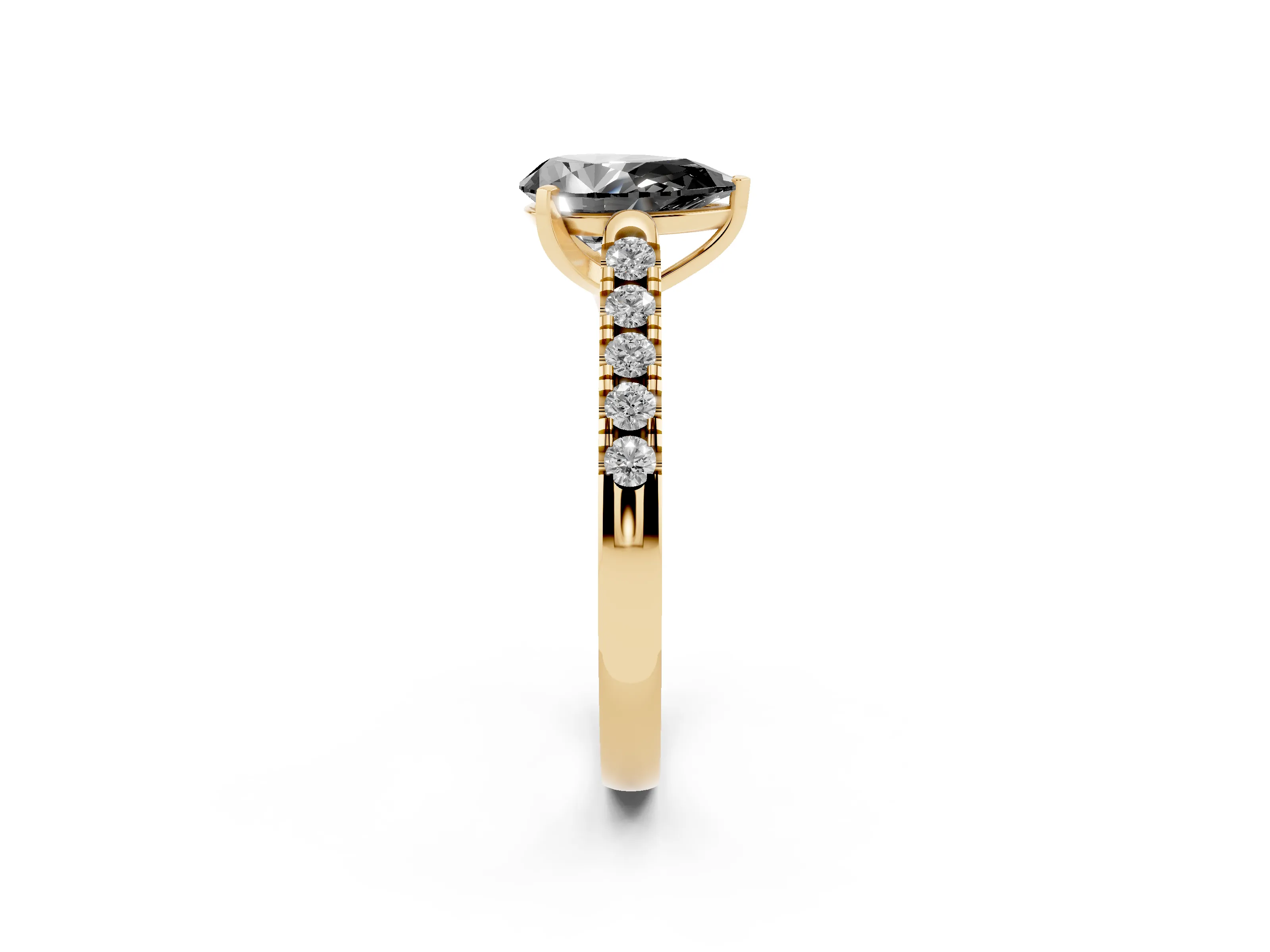 Fancy Black Pear Cut Diamond Pavé Band Solitaire Ring Set in Yellow gold with Partway Accent Stones and Prong Setting