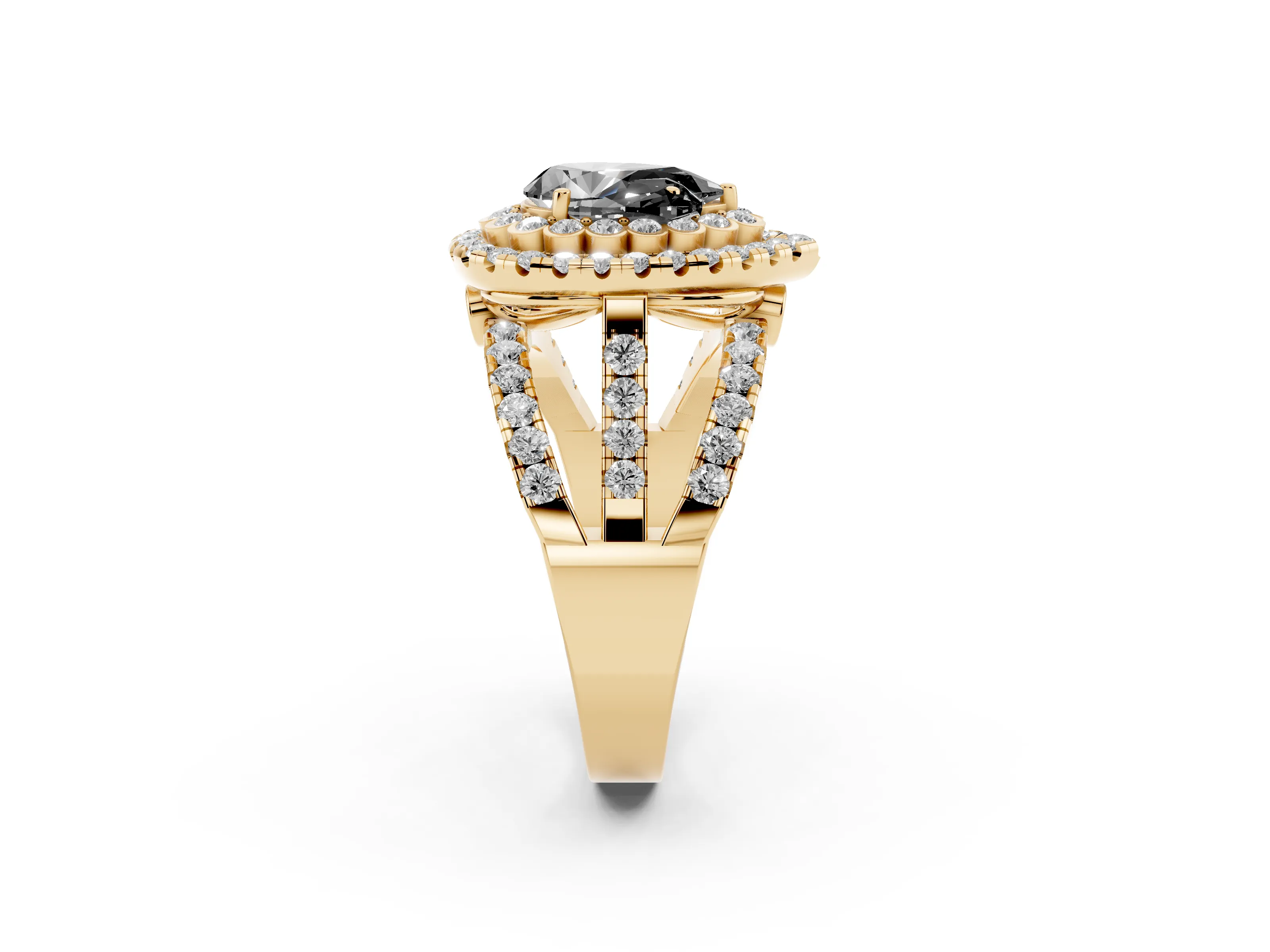 Fancy Black Pear Cut Diamond Double Halo Ring Set in Yellow gold with Round Pavé Split Shank
