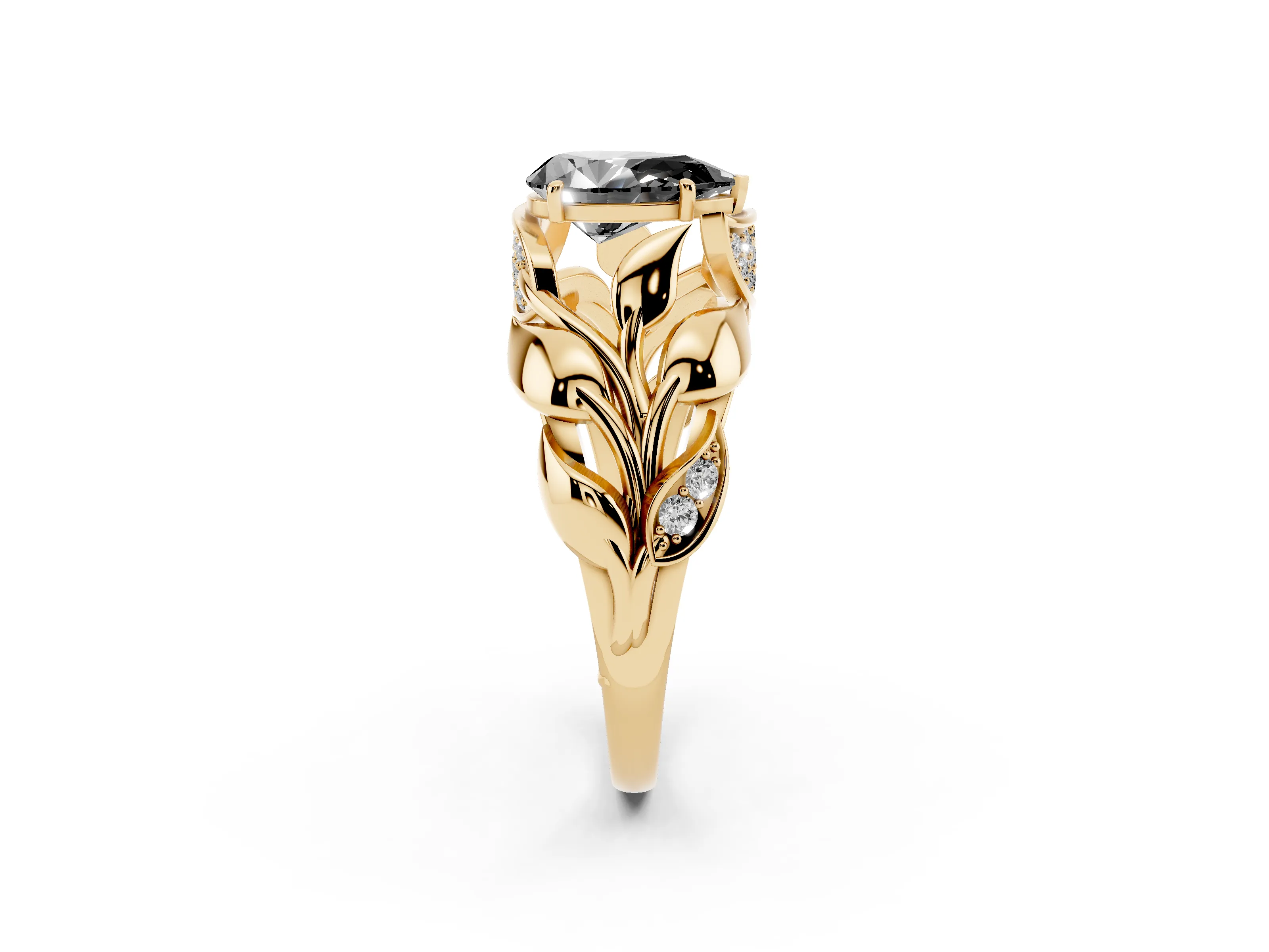 Fancy Black Pear Cut Diamond Leaf-Inspired Engagement Ring Set in Yellow gold with Round Accents