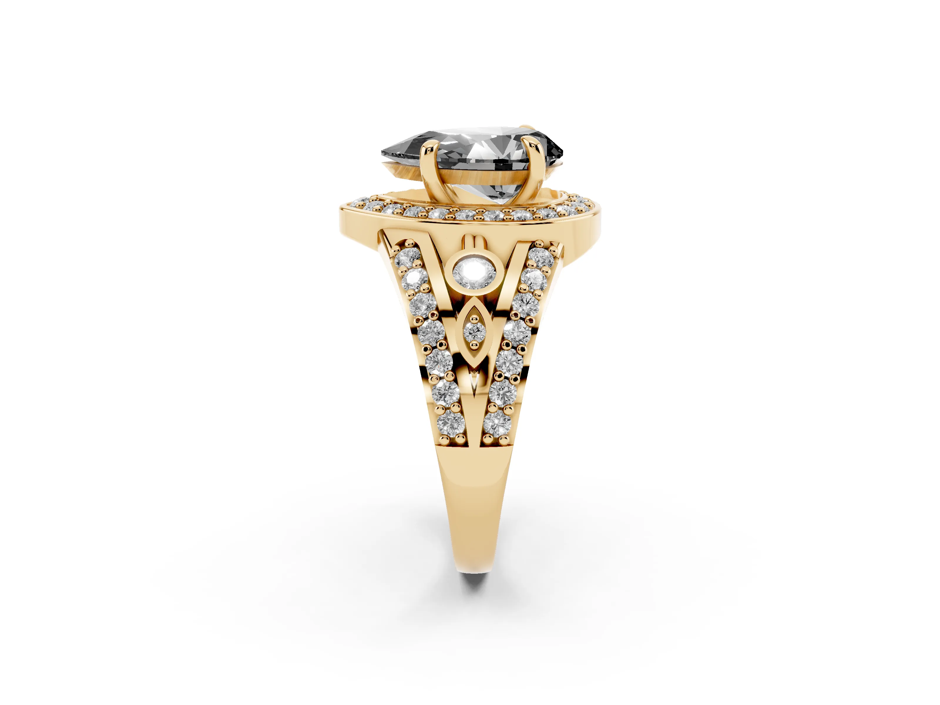 Fancy Black Pear Cut Diamond Halo Ring Set in Yellow gold with Pavé Split Shank and Bezel Accents