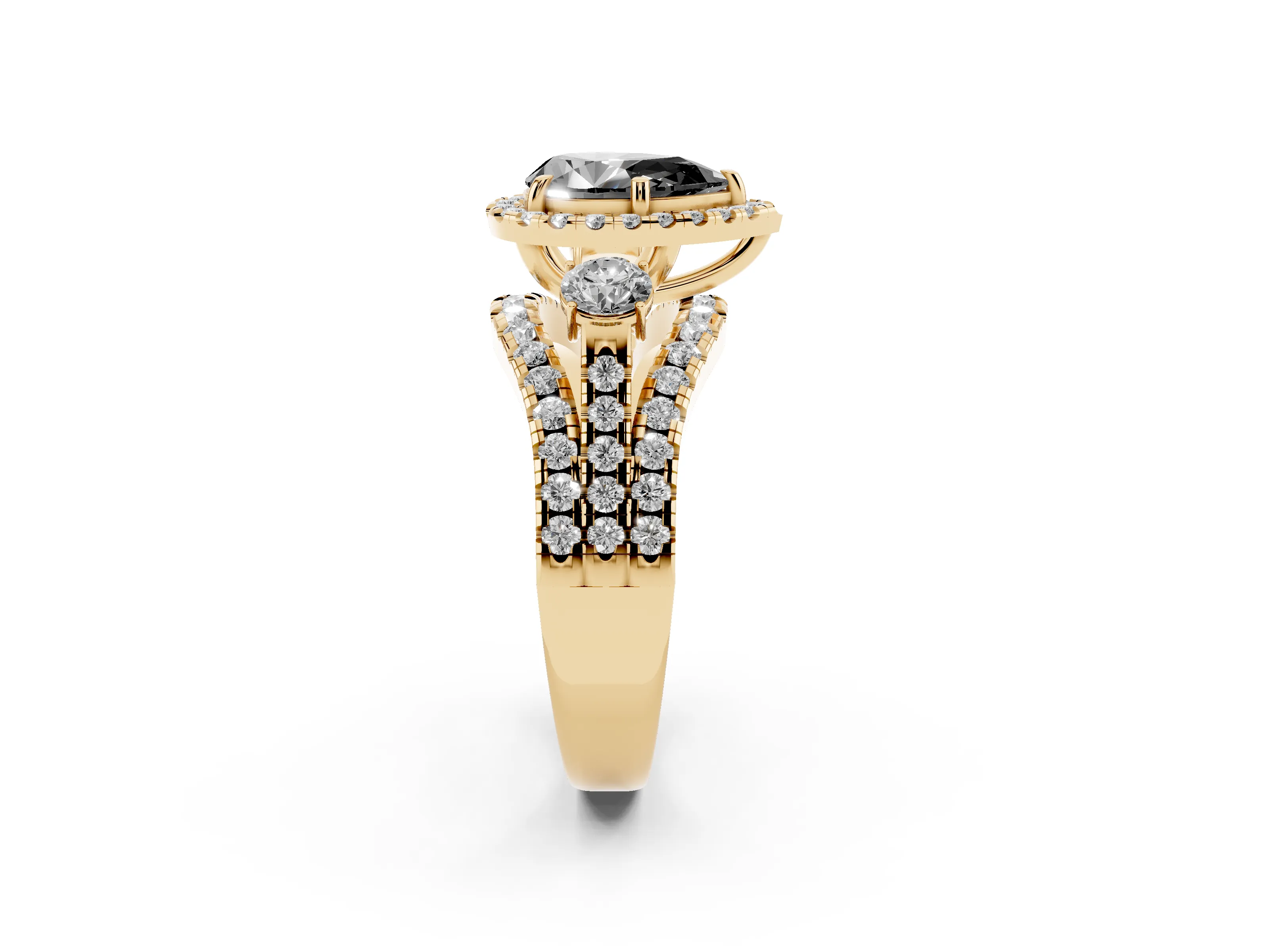 Fancy Black Pear Cut Diamond Halo Split Shank Ring Set in Yellow gold with Round Accent Stones and Prong Setting