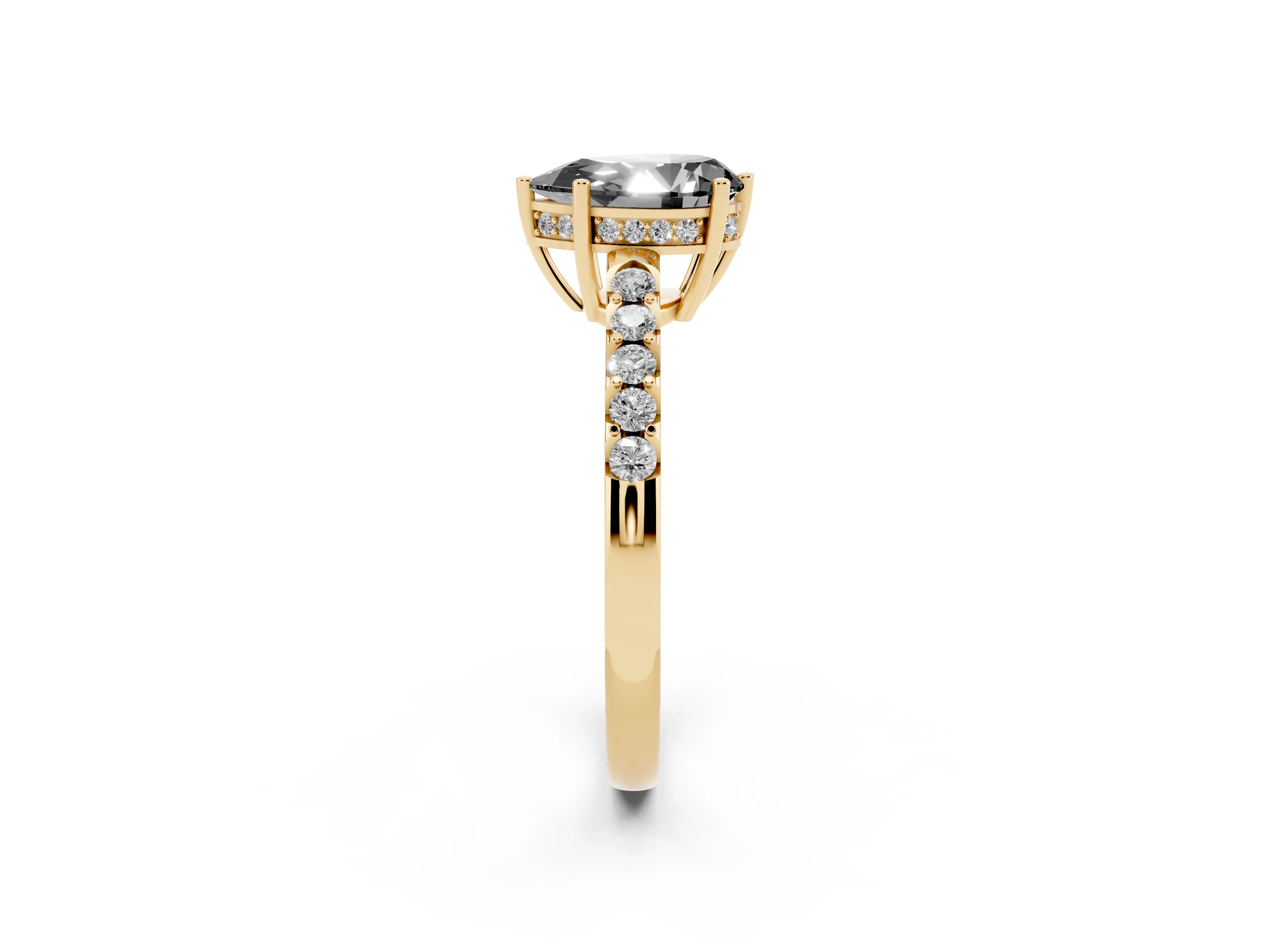 Fancy Black Pear Cut Diamond Solitaire Engagement Ring Set in Yellow gold with Pavé Band and Prong Setting