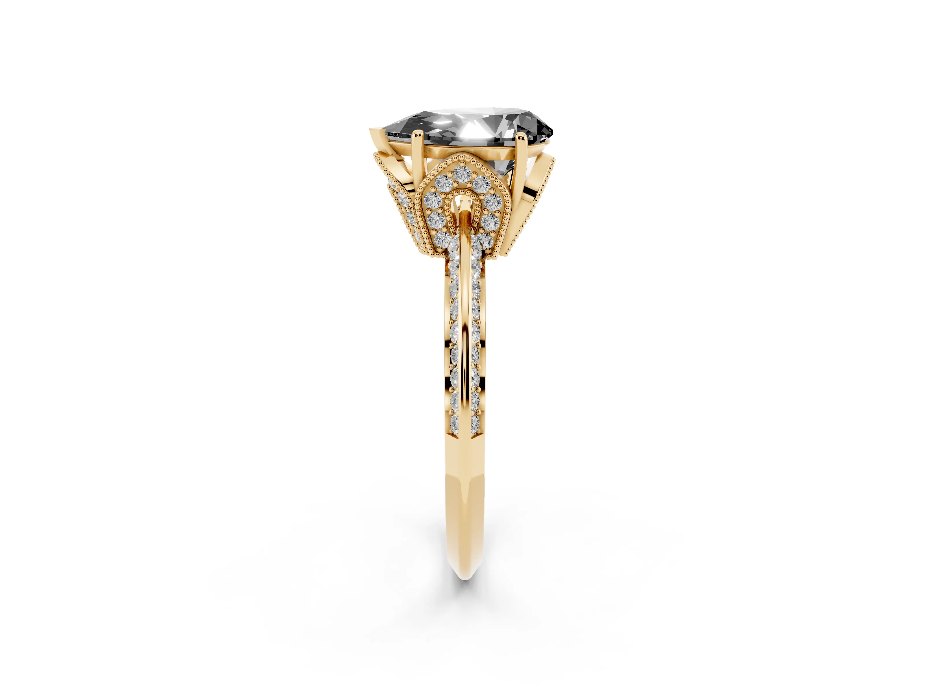Fancy Black Pear Cut Diamond Solitaire Engagement Ring Set in Yellow gold with Pavé Split Shank and Prong Setting