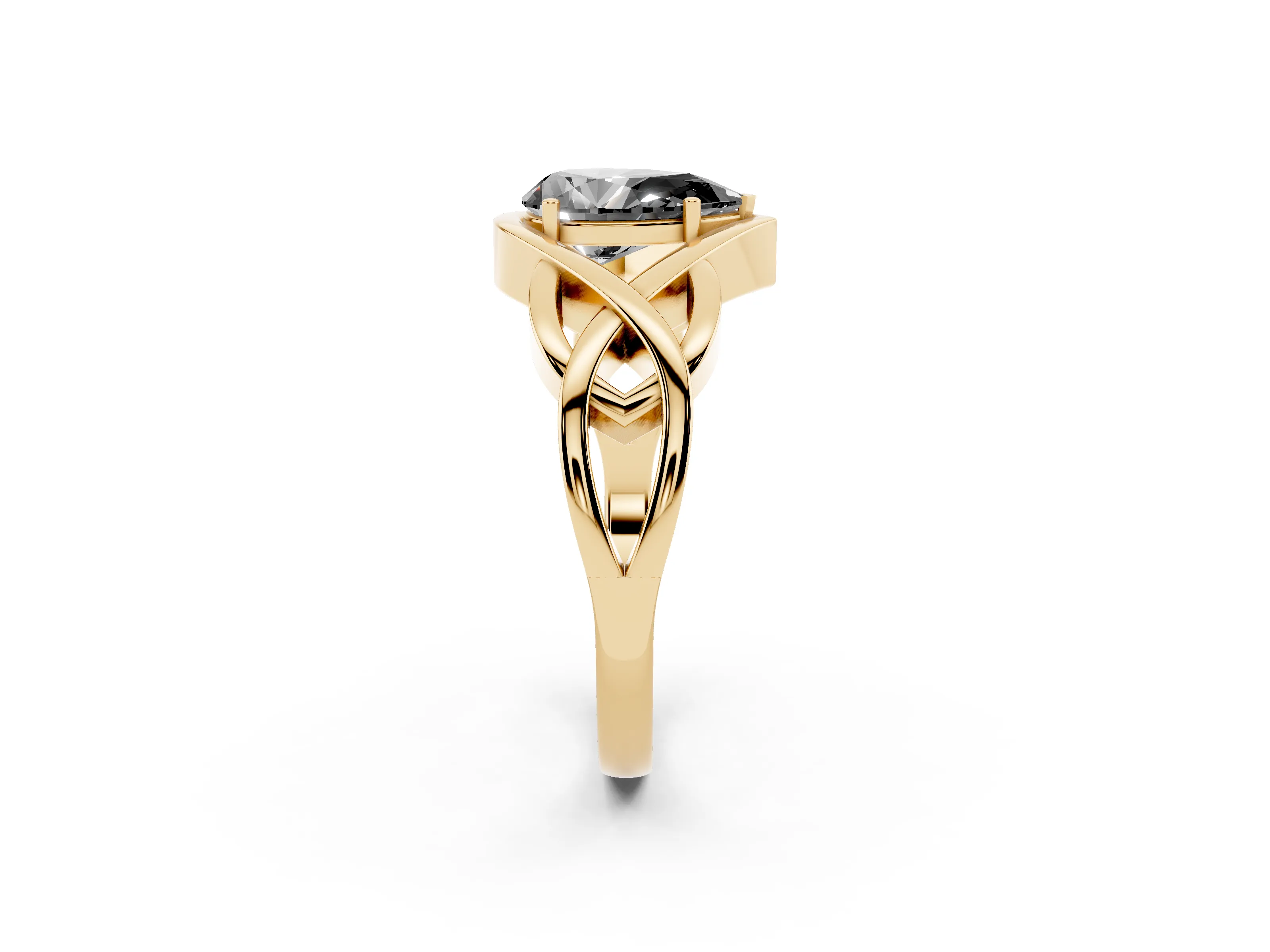Fancy Black Pear Cut Diamond Solitaire Ring Set in Yellow gold with Intertwined Band