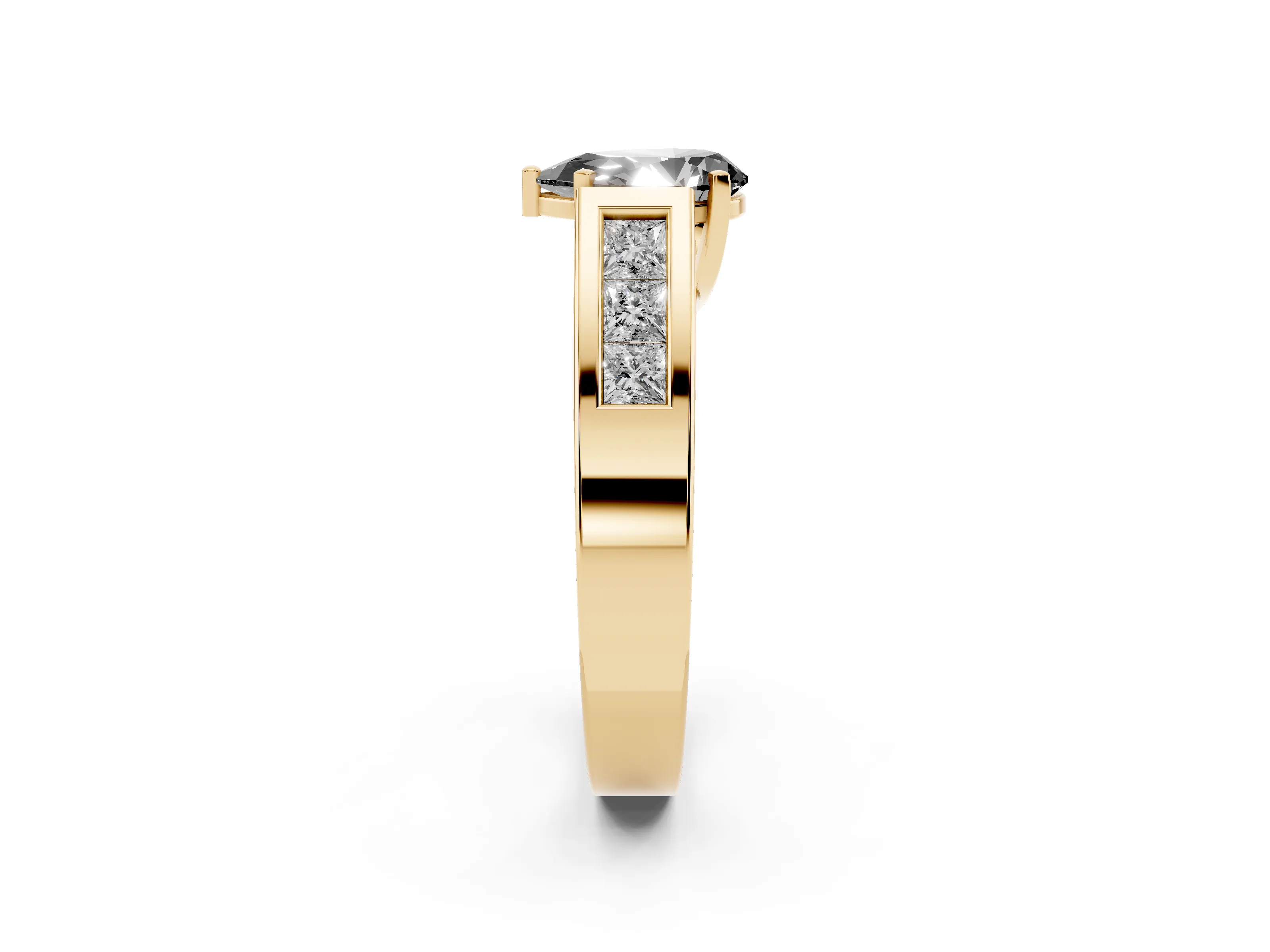 Fancy Black Pear Cut Diamond Solitaire Ring Set in Yellow gold with Channel-Set Accent Stones and Prong Setting
