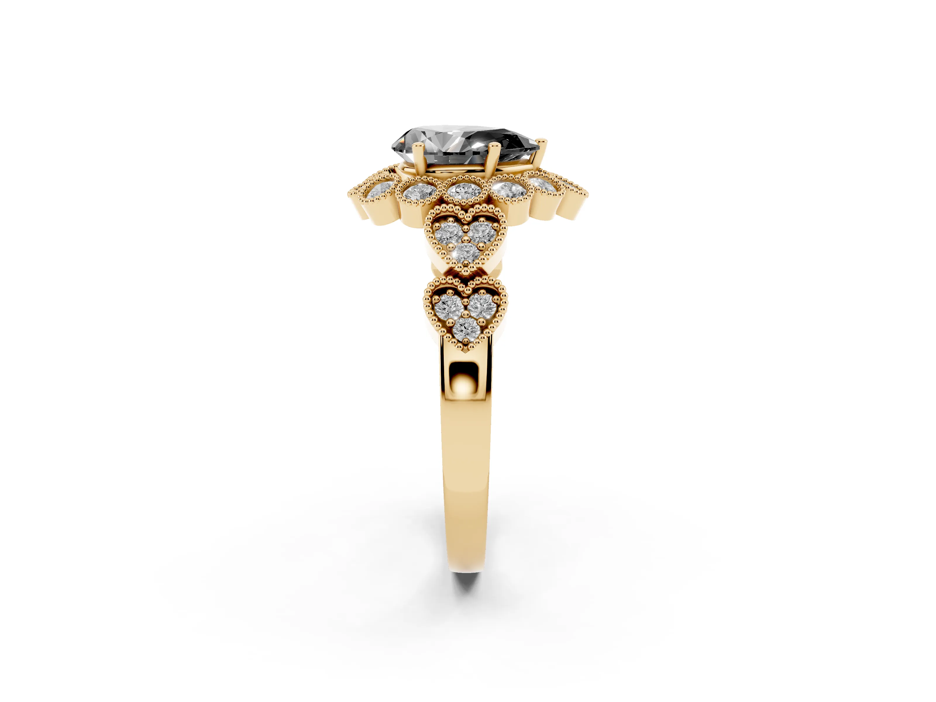Fancy Black Pear Cut Diamond Solitaire Ring Set in Yellow gold with Milgrain Pavé Heart Band