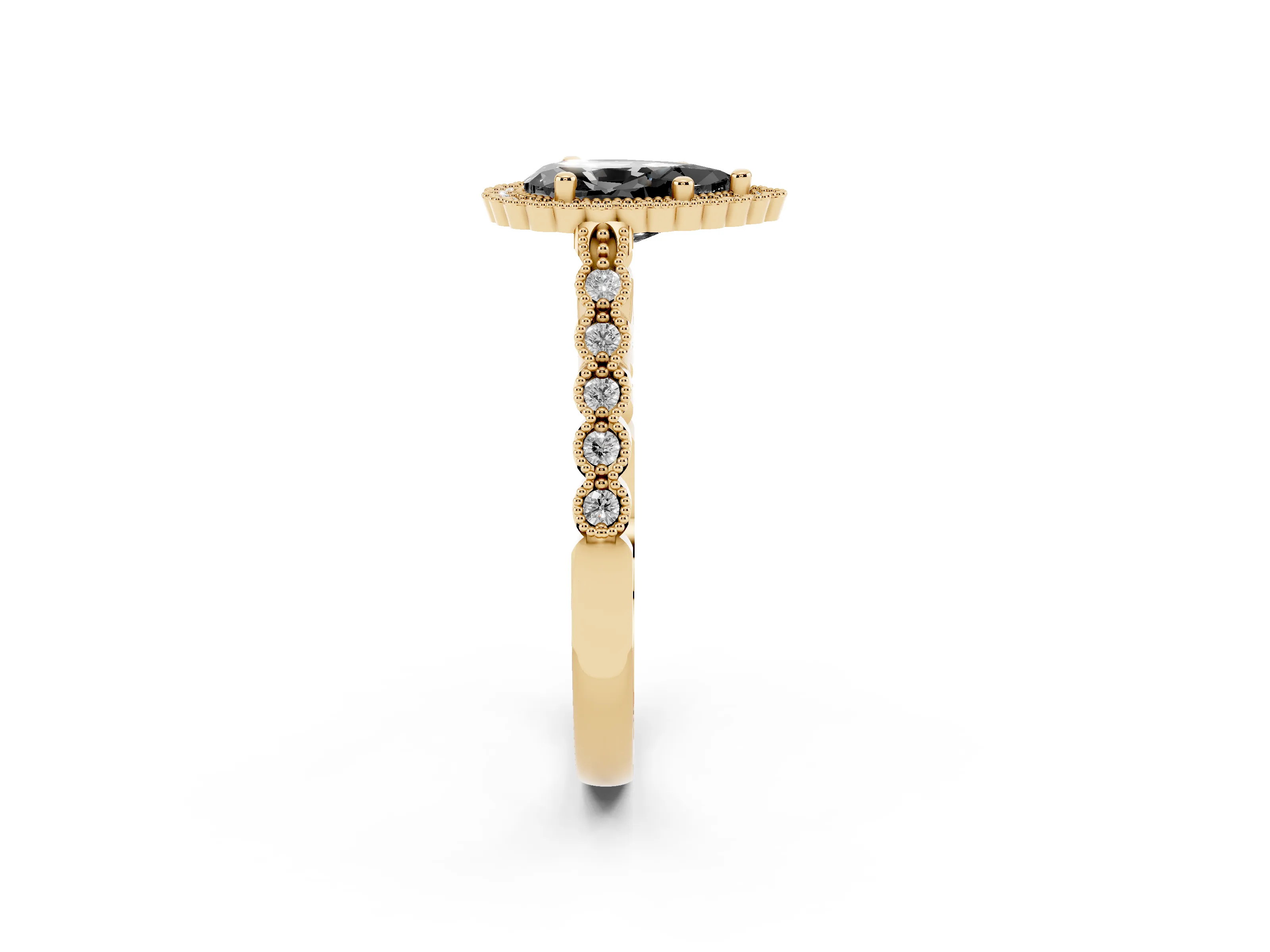 Fancy Black Pear Cut Diamond Halo Ring Set in Yellow gold with Pavé Milgrain Band