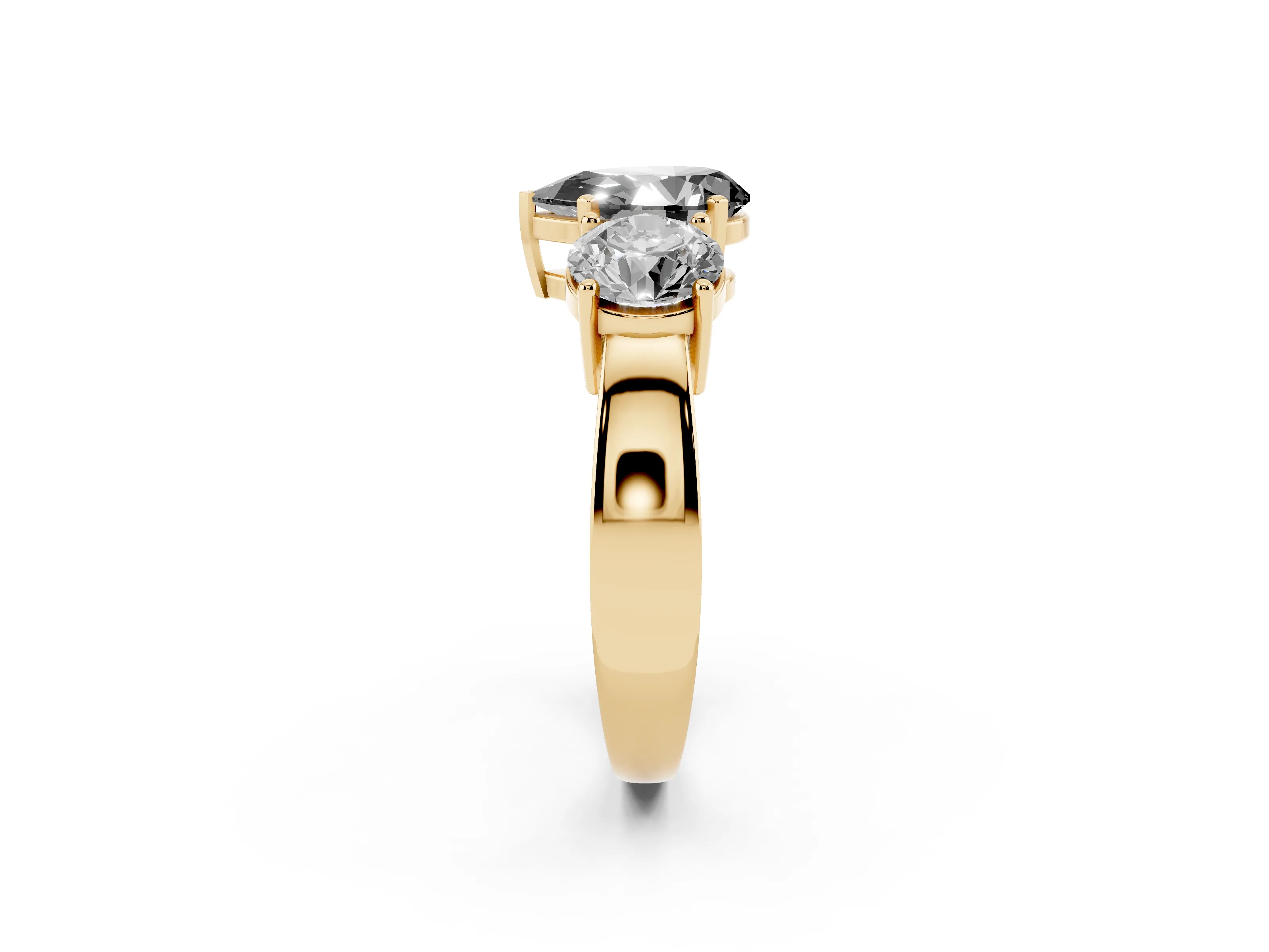 Fancy Black Pear Cut Diamond Three-Stone Ring Set in Yellow gold with Round Side Stones and Classic Band