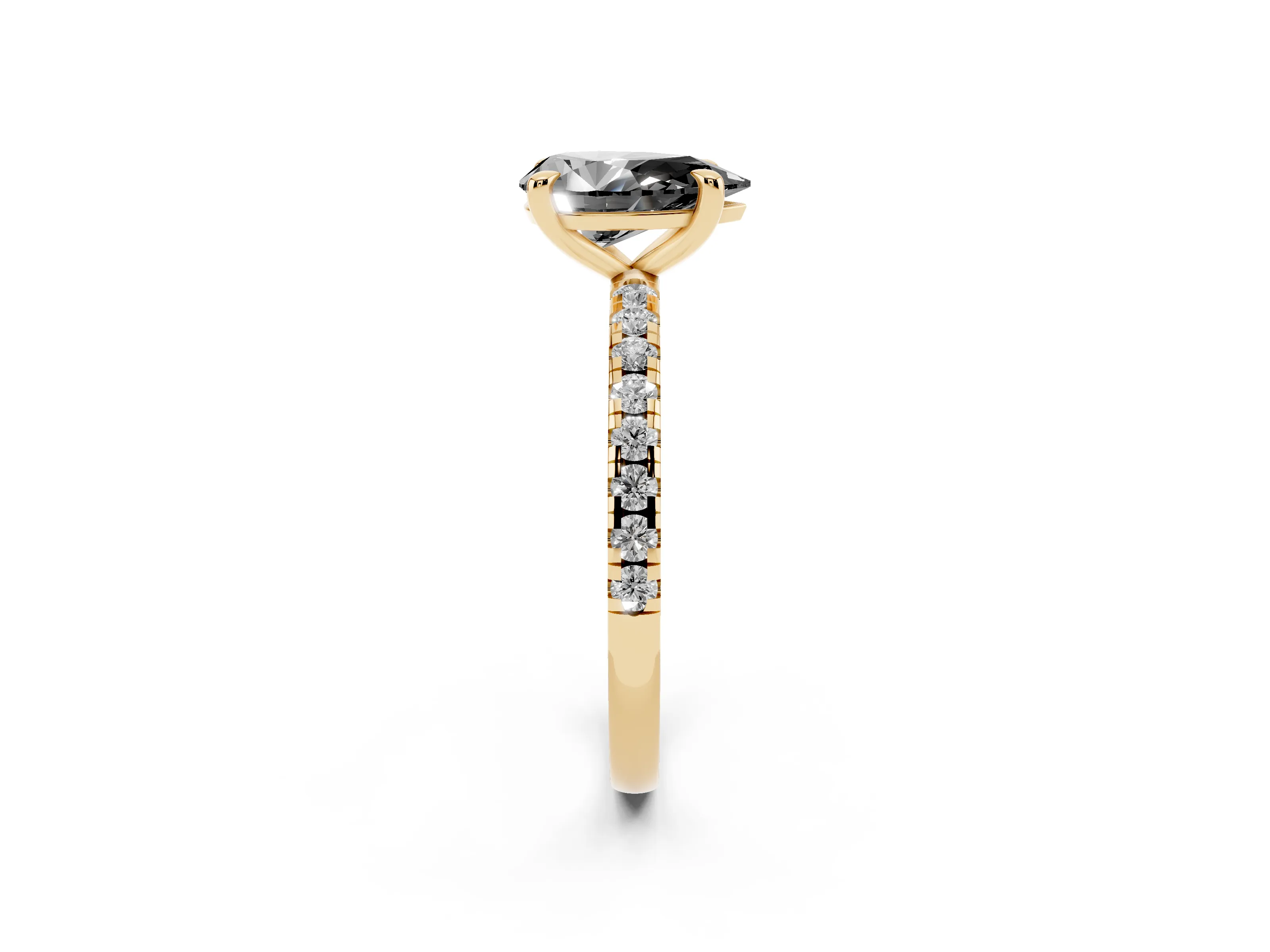 Fancy Black Pear Cut Diamond Brilliant Solitaire Ring Set in Yellow gold with Pavé Band and Prong Setting