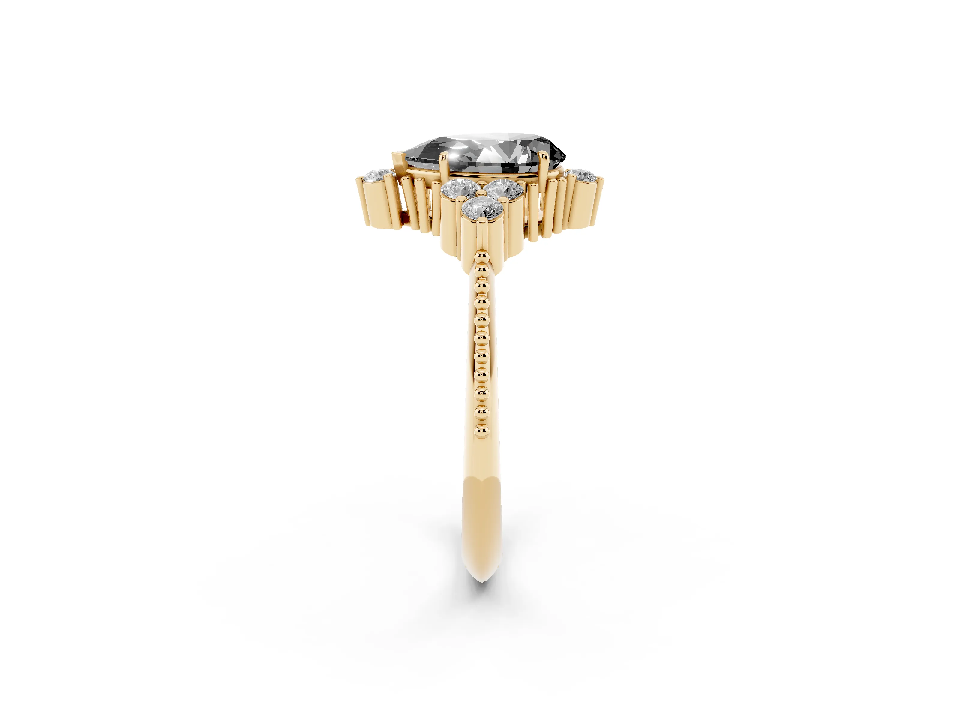 Fancy Black Pear Cut Diamond Cluster Ring Set in Yellow gold with Beaded Band