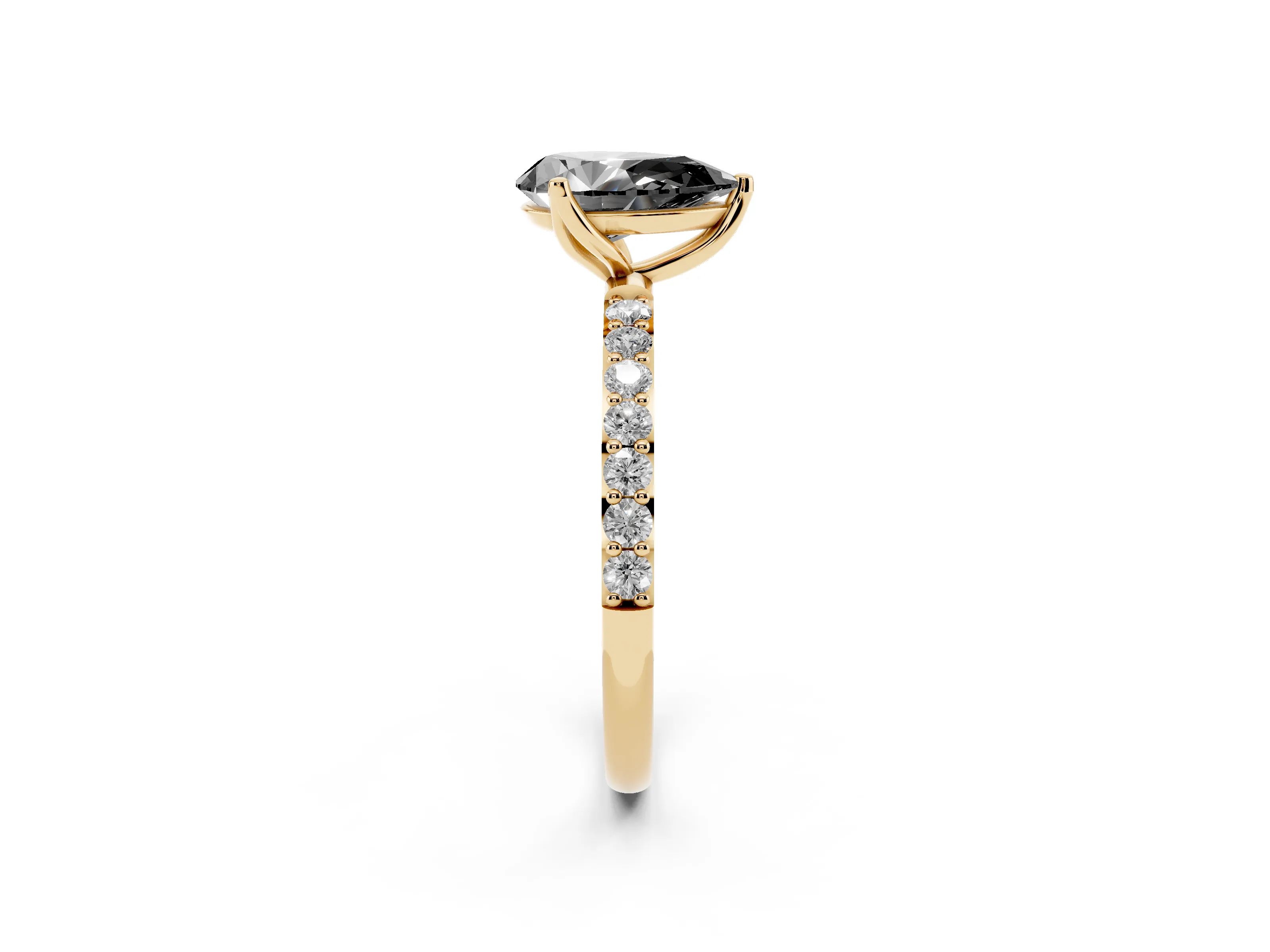 Fancy Black Pear Cut Diamond Solitaire Engagement Ring Set in Yellow gold with Round Pavé Band and Prong Setting