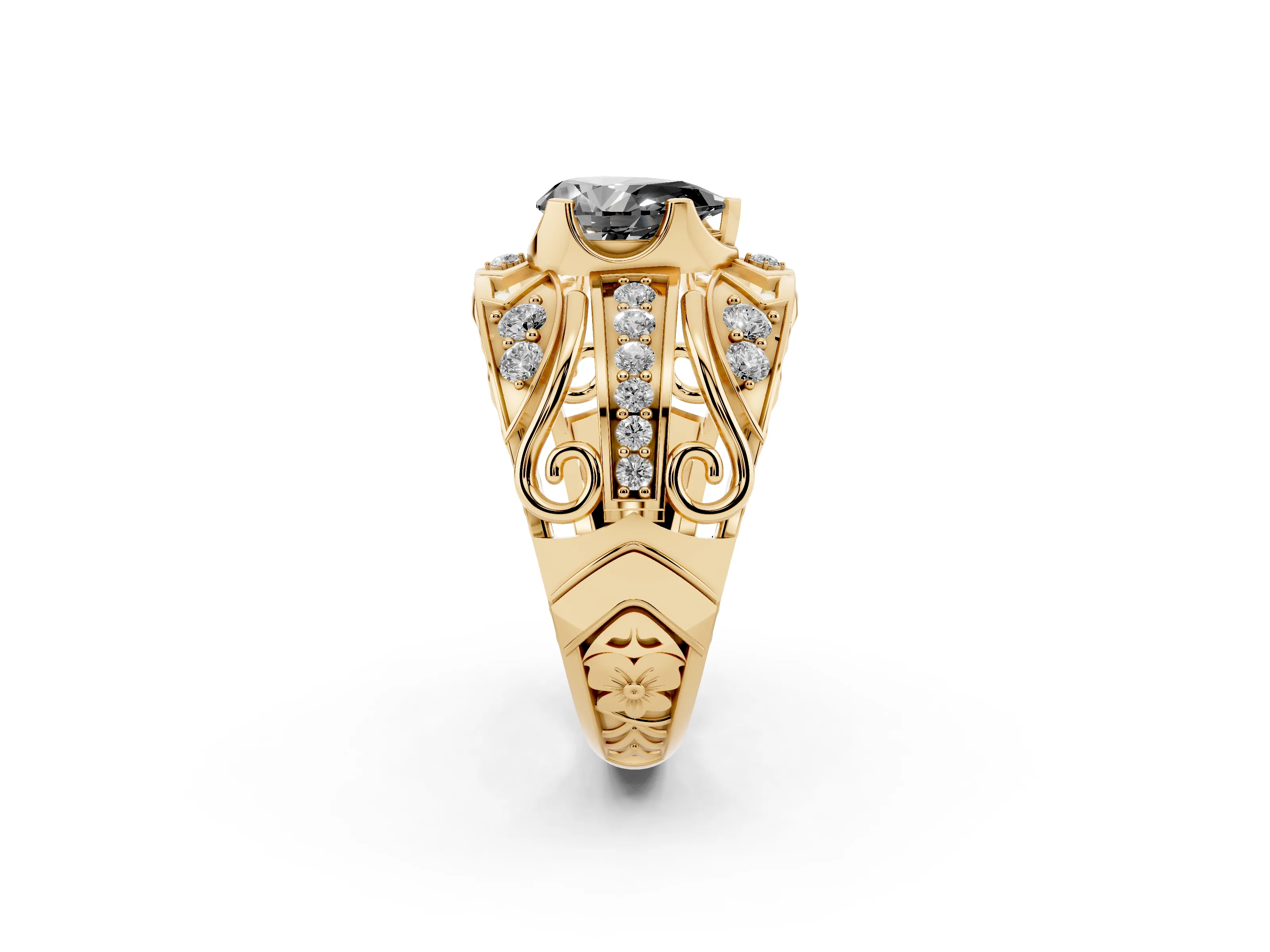 Fancy Black Pear Cut Diamond Art Deco Ring Set in Yellow gold with Pavé Split Shank
