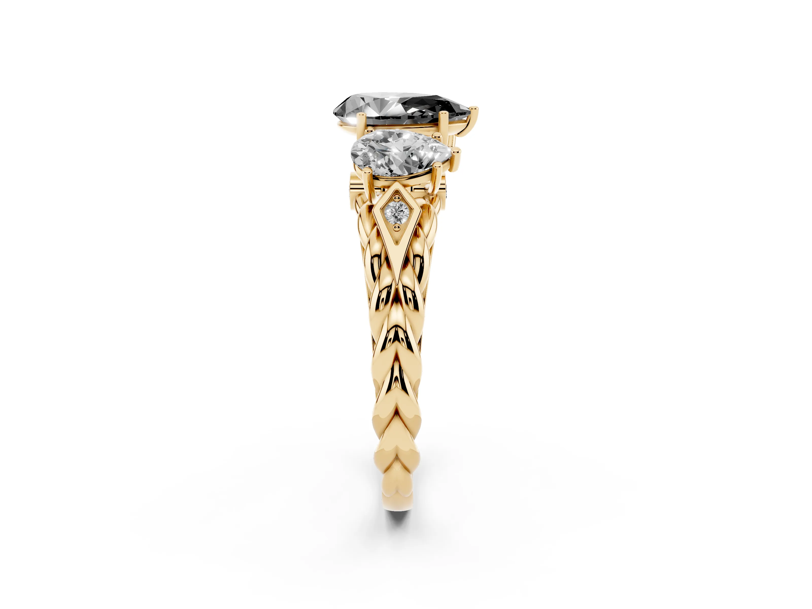 Fancy Black Pear Cut Diamond Three-Stone Ring Set in Yellow gold with Braided Band
