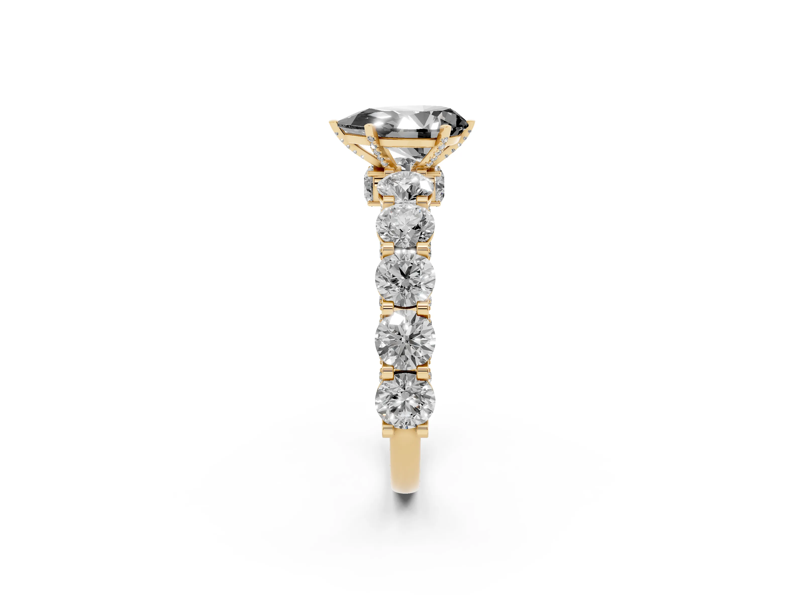 Fancy Black Pear Cut Diamond Side Stone Ring Set in Yellow gold with Alternating Round and Oval Side Stones