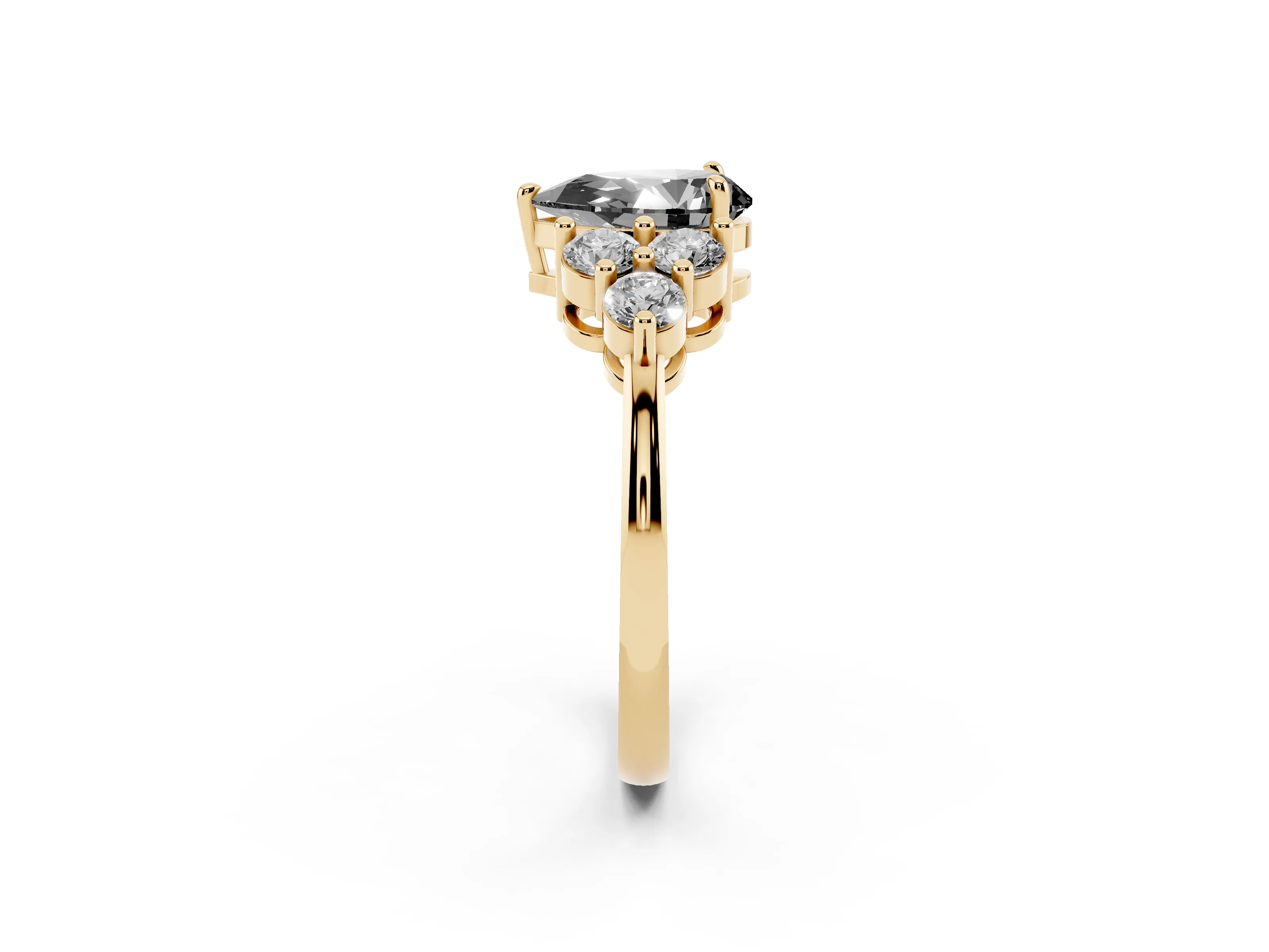 Fancy Black Pear Cut Diamond Solitaire Ring Set in Yellow gold with Cluster Accents on Each Side