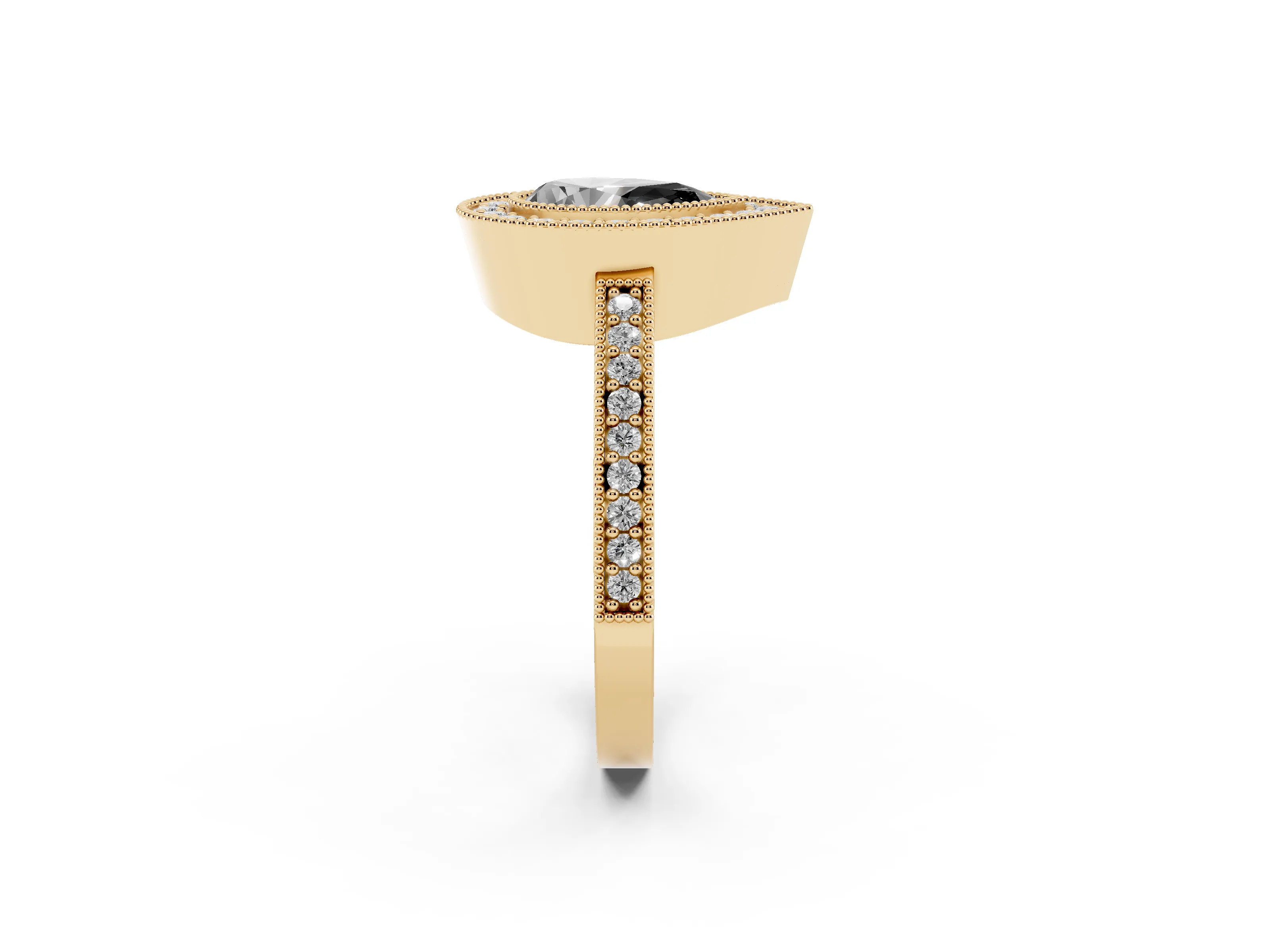 Fancy Black Pear Cut Diamond Halo Engagement Ring Set in Yellow gold with Pavé Band and Round Halo Stones