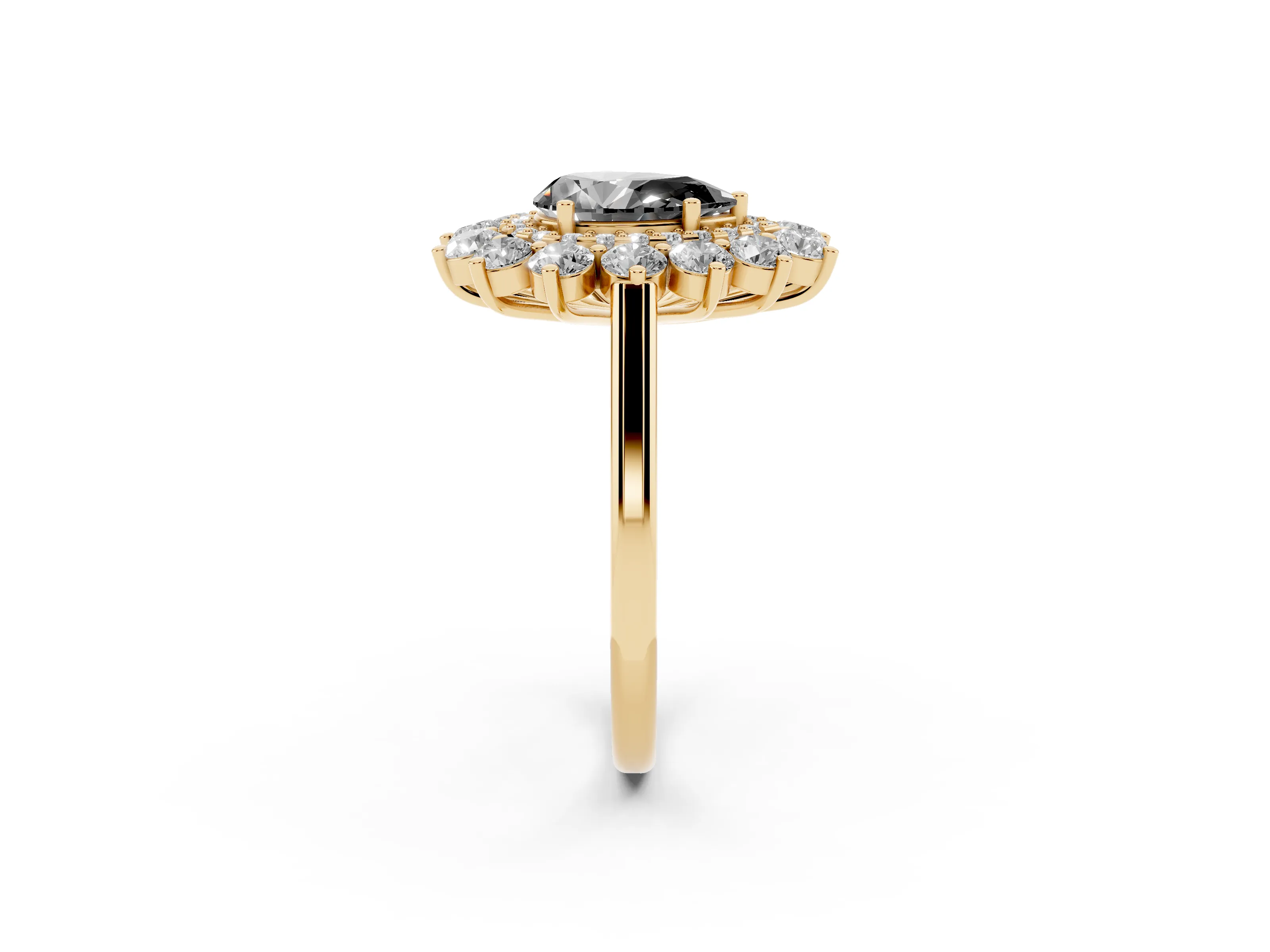 Fancy Black Pear Cut Diamond Floral Double Halo Ring Set in Yellow gold with Round Petals
