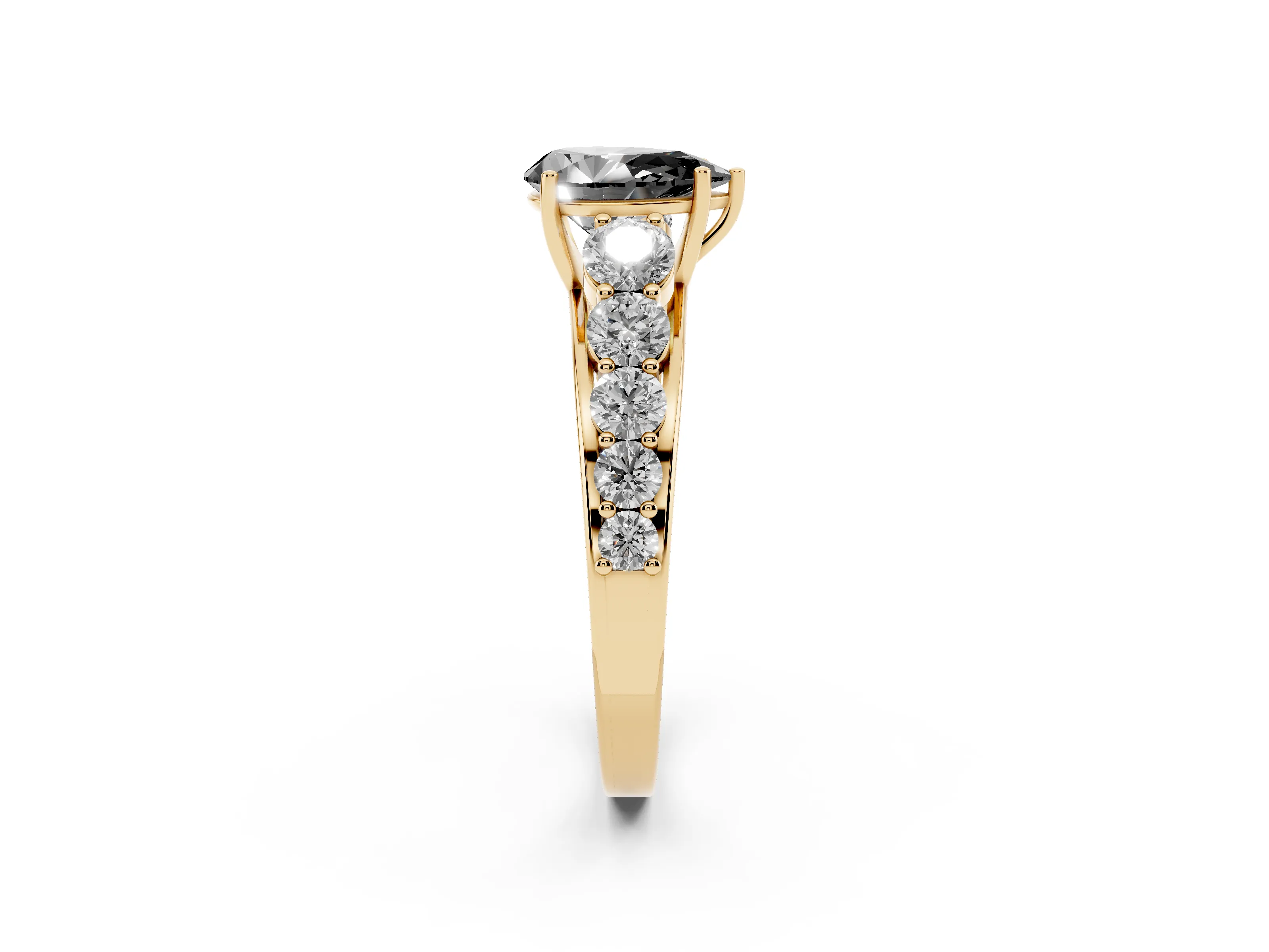 Fancy Black Pear Cut Diamond Solitaire Ring Set in Yellow gold with Pavé-Set Band and Prong Setting