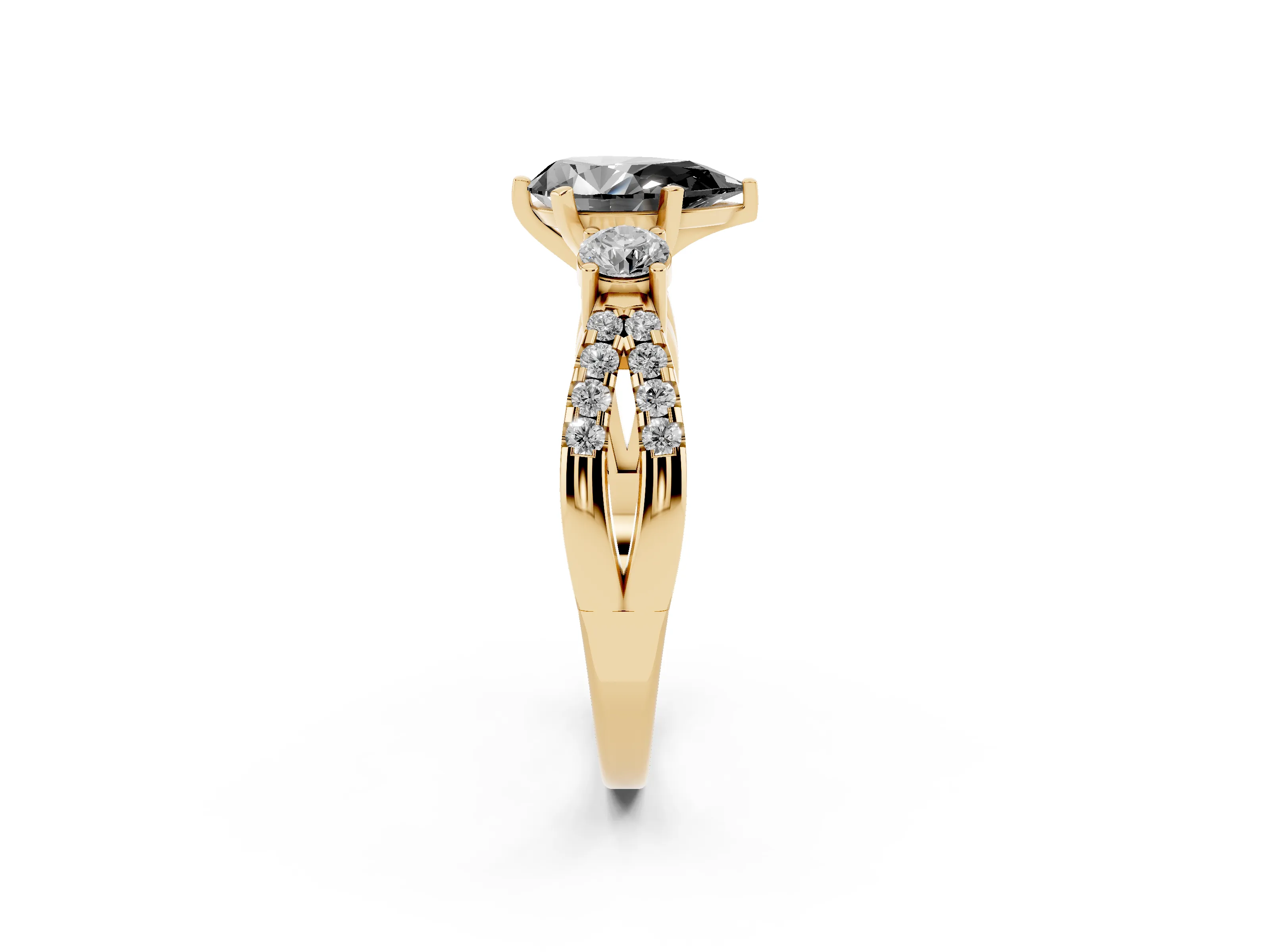 Fancy Black Pear Cut Diamond Three-Stone Ring Set in Yellow gold with Pavé Split Shank and Prong Setting