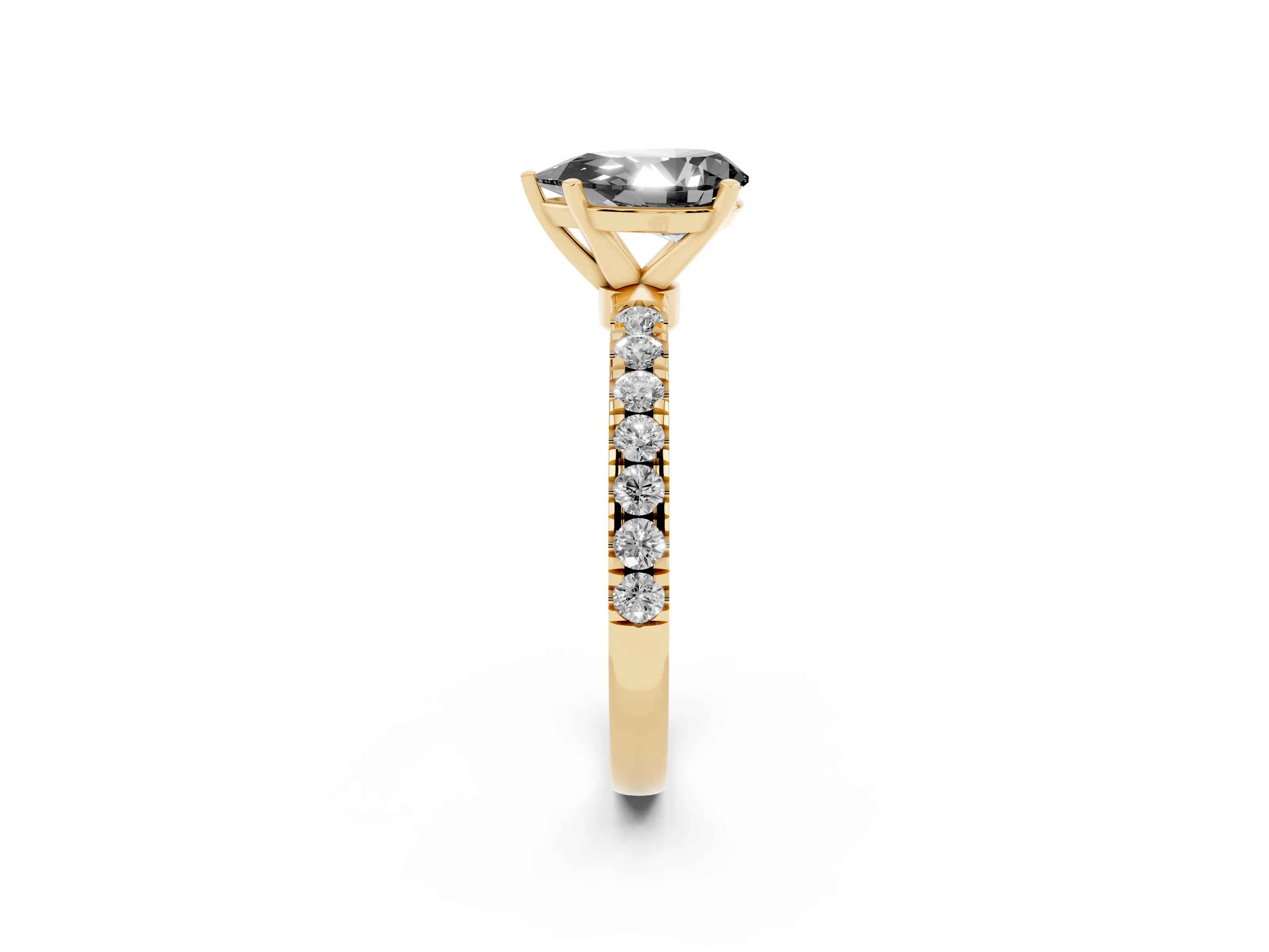 Fancy Black Pear Cut Diamond Solitaire Ring Set in Yellow gold with Pavé Accents and Prong Setting