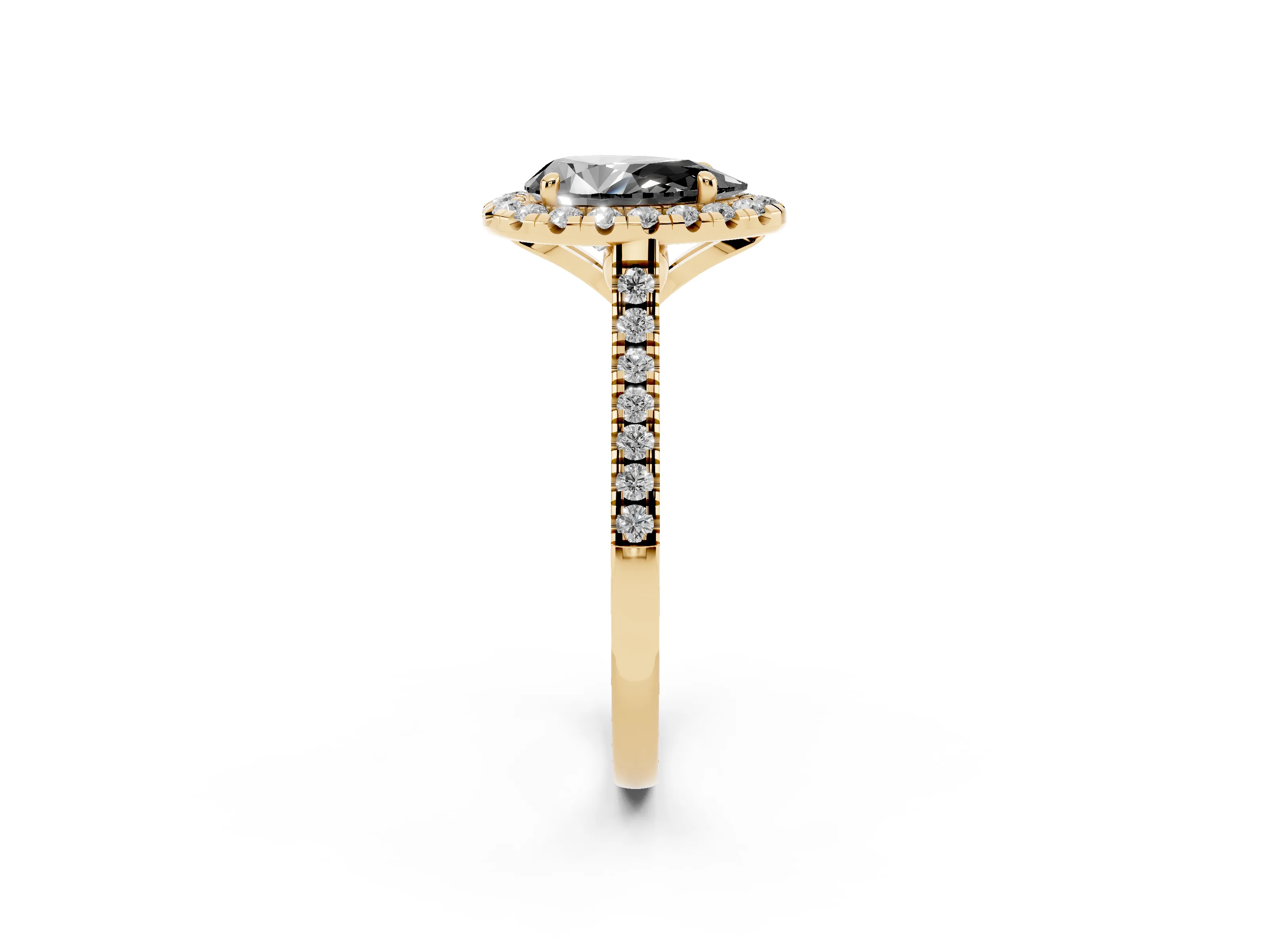 Fancy Black Pear Cut Diamond Cushion Halo Ring Set in Yellow gold with Pavé Band