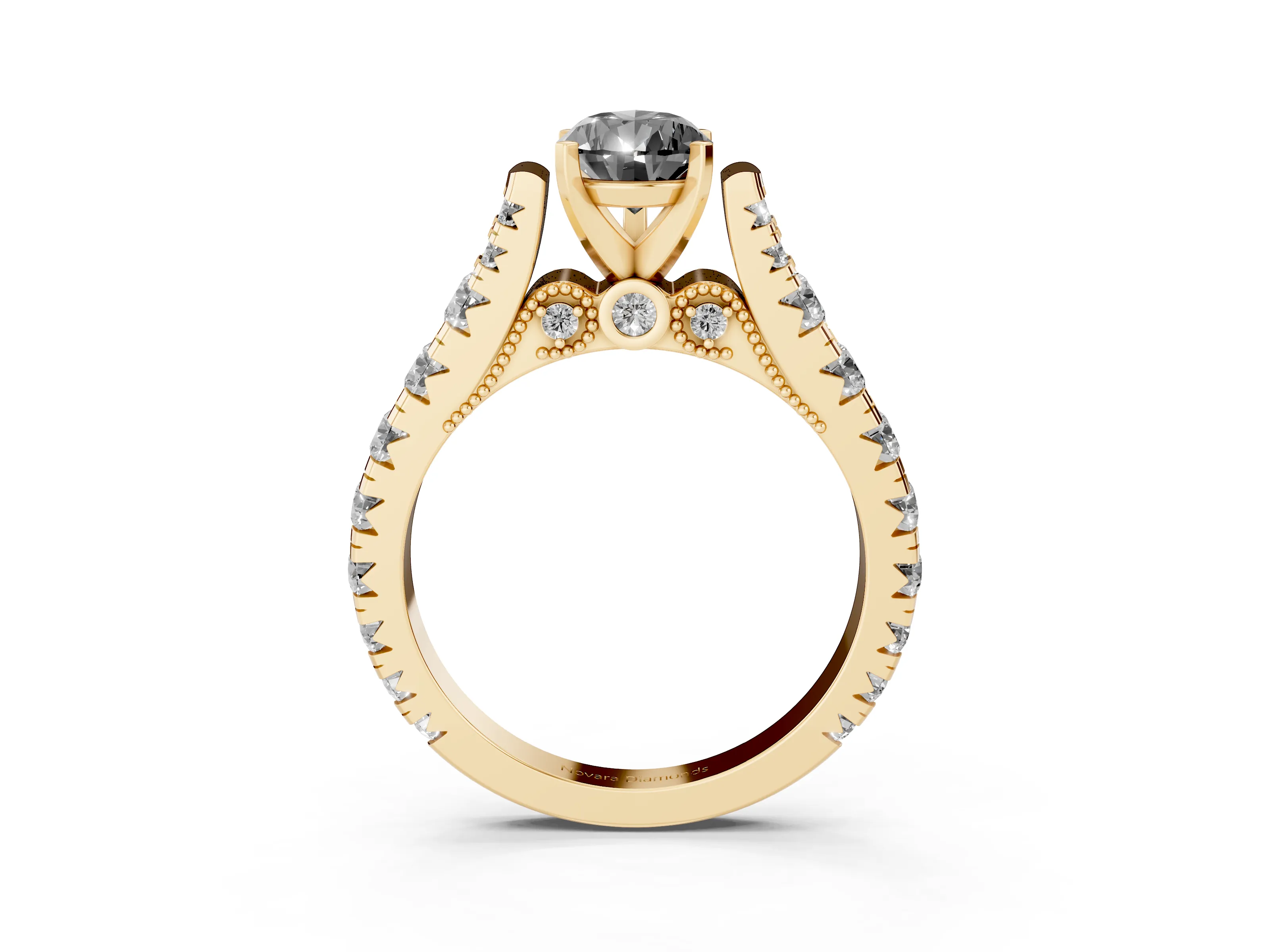 Fancy Black Pear Cut Diamond Classic Solitaire Ring Set in Yellow gold with Pavé Band and Prong Setting