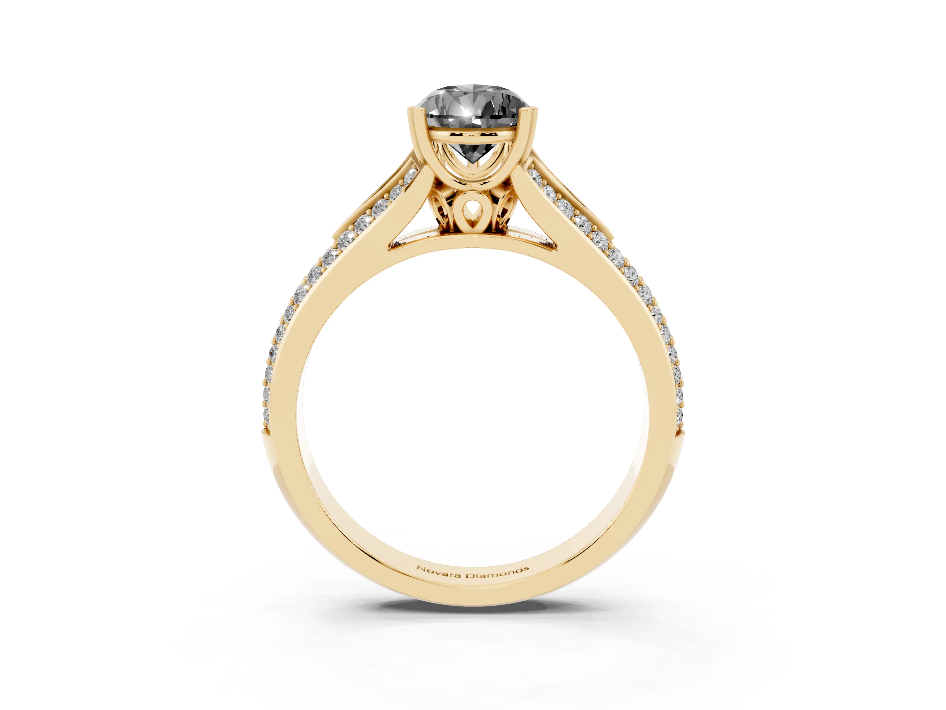 Fancy Black Pear Cut Diamond Split Shank Pavé Engagement Ring Set in Yellow gold with Prong-Set Center Stone