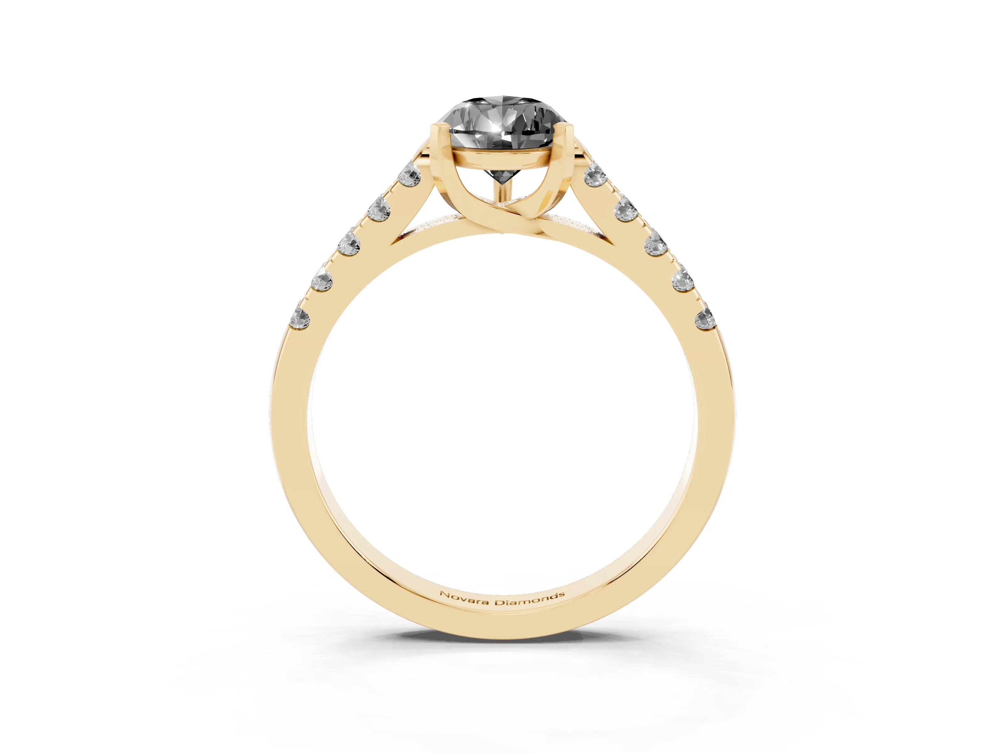 Fancy Black Pear Cut Diamond Pavé Band Solitaire Ring Set in Yellow gold with Partway Accent Stones and Prong Setting