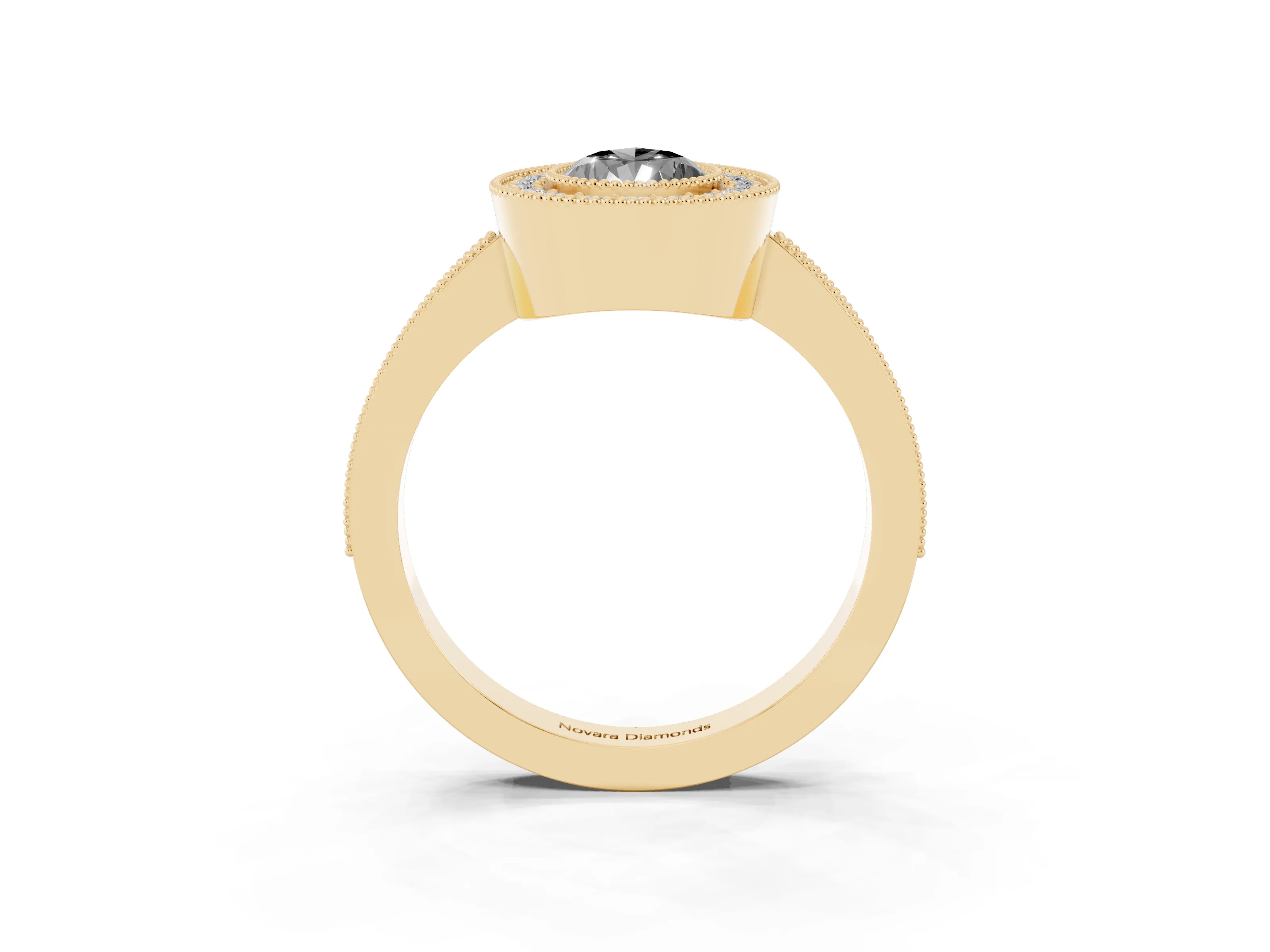 Fancy Black Pear Cut Diamond Halo Engagement Ring Set in Yellow gold with Pavé Band and Round Halo Stones