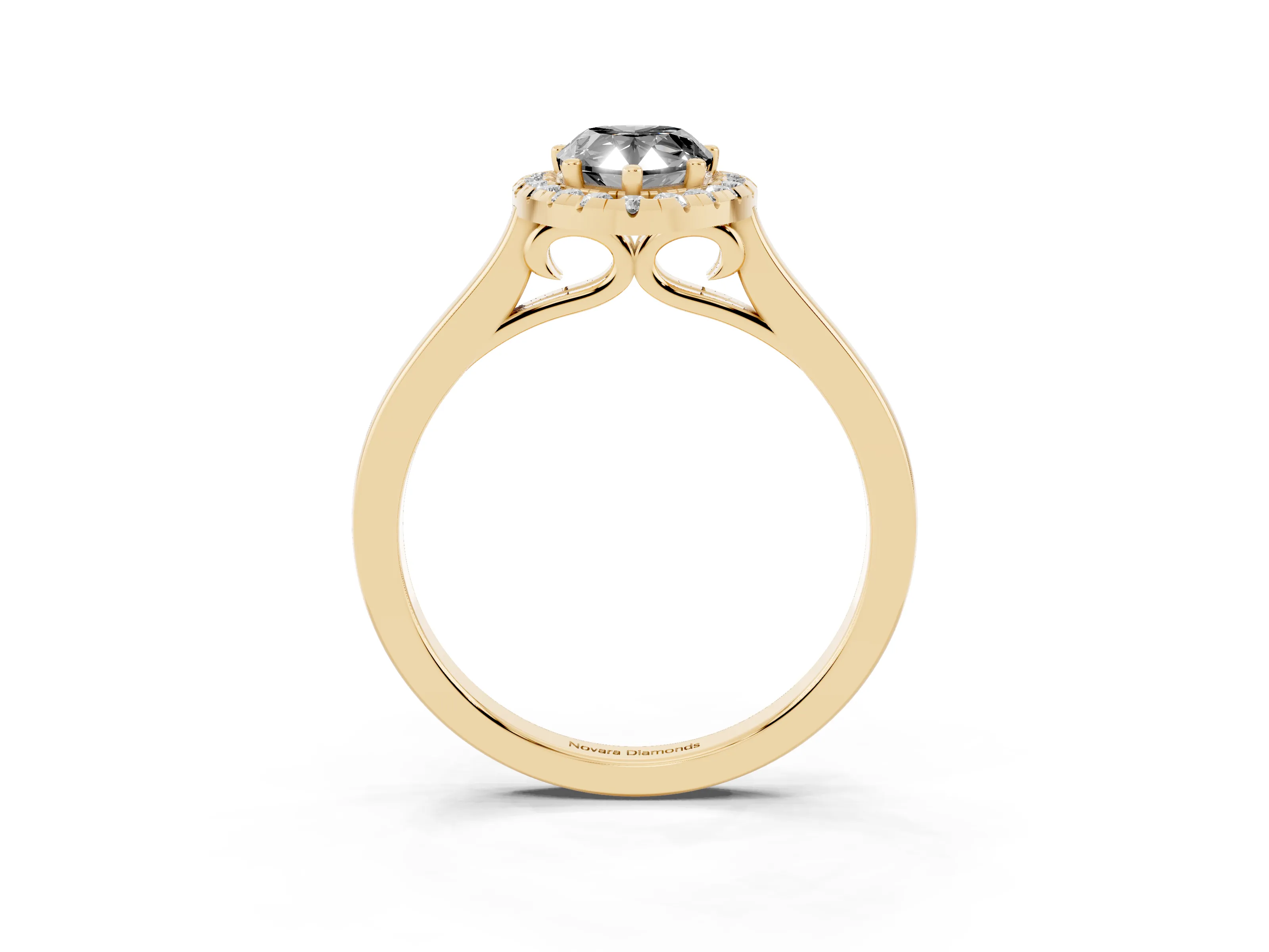Fancy Black Pear Cut Halo Round Diamond Solitaire Ring Set in Yellow gold with Pavé Band and Prong Setting