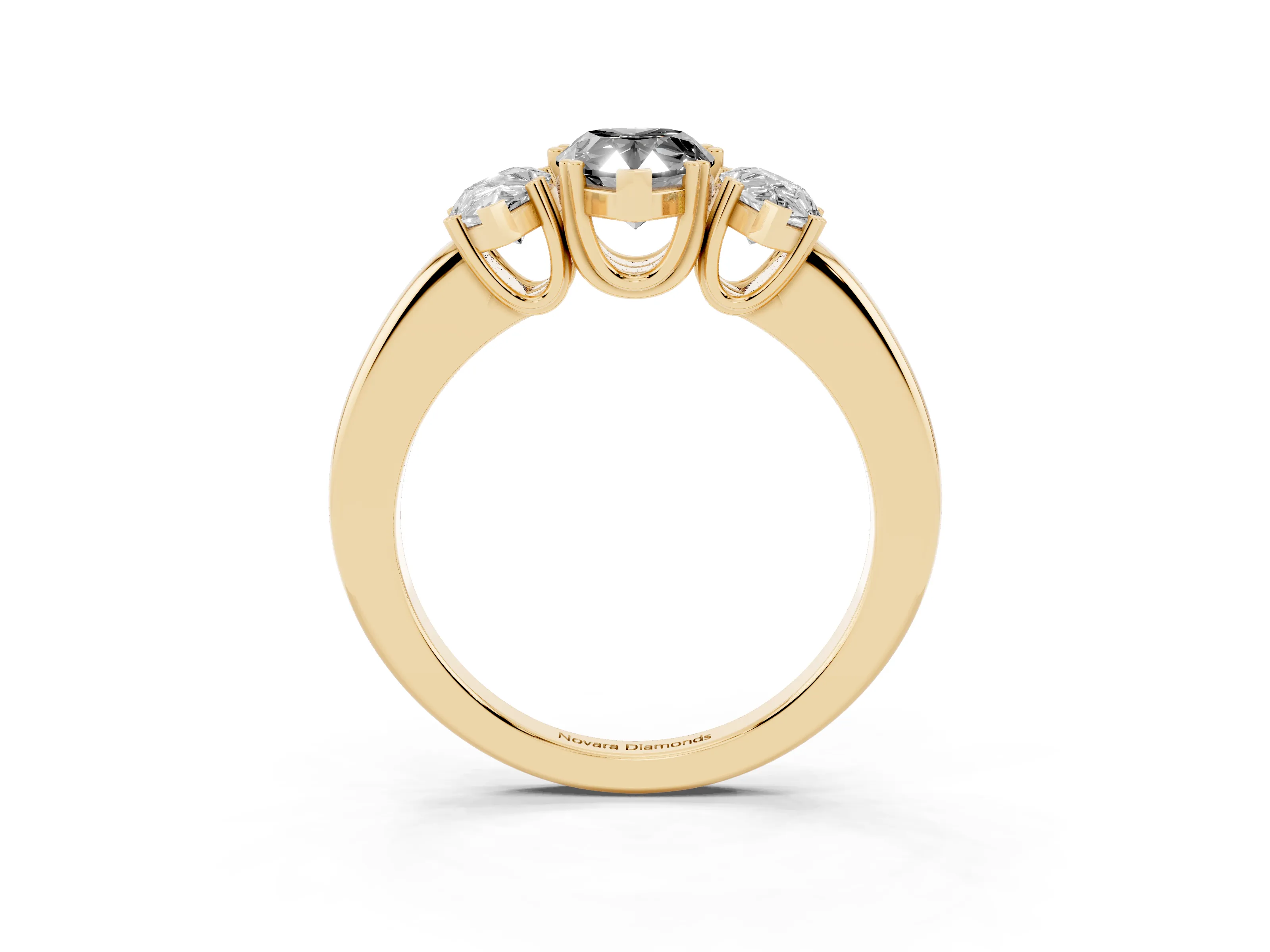 Fancy Black Pear Cut Diamond Three-Stone Ring Set in Yellow gold with Polished Channel-Set Band